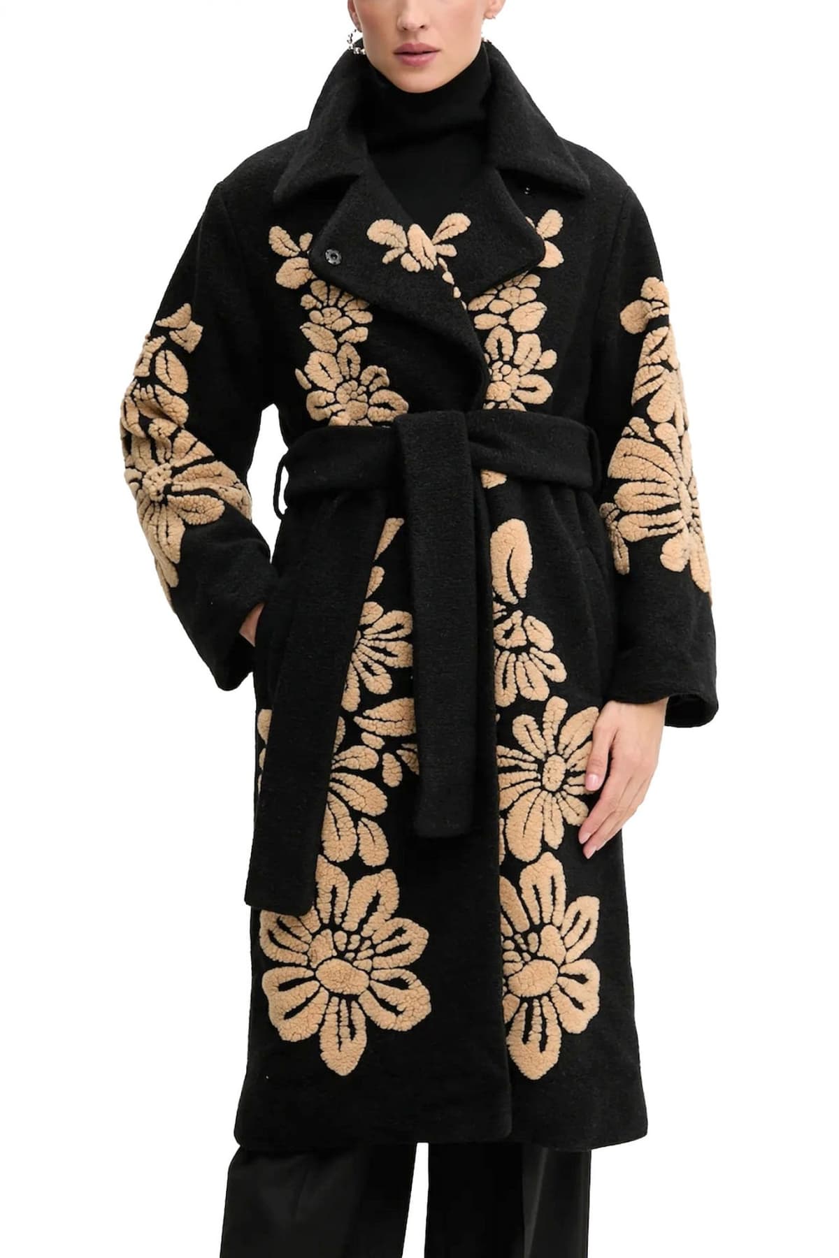 FARM RIO ΠΑΛΤΟ BOLD FLOWERS ΑΠΟΣΠΩΜΕΝΗ ΖΩΝΗ ΤΣΕΠΕΣ ΜΑΥΡΟ-ΜΠΕΖ