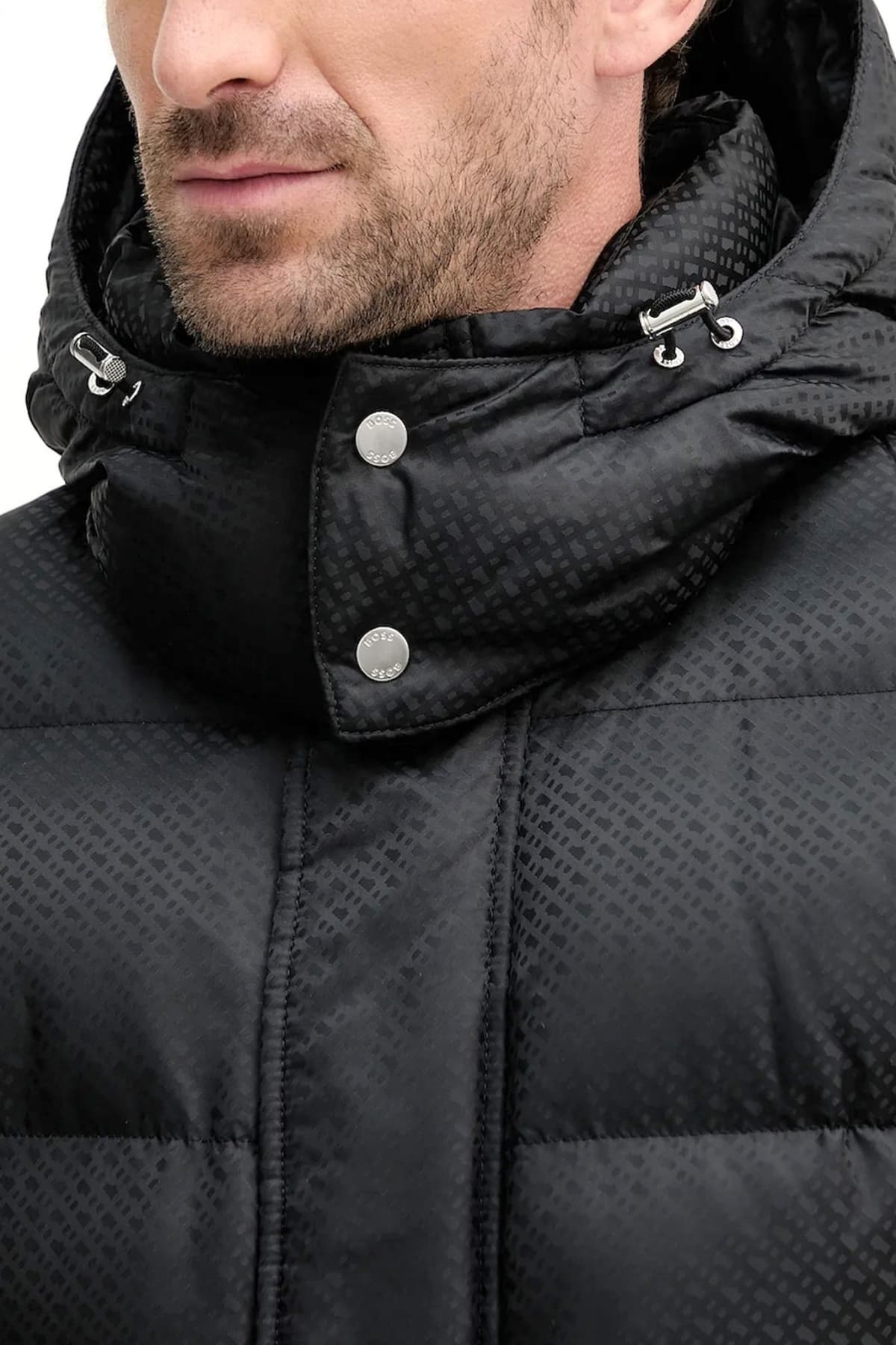 BOSS ΜΠΟΥΦΑΝ PUFFER ALL OVER LOGO ΑΠΟΣΠΩΜΕΝΗ KΟΥΚΟΥΛΑ H-COMBINIAN5 ΜΑΥΡΟ