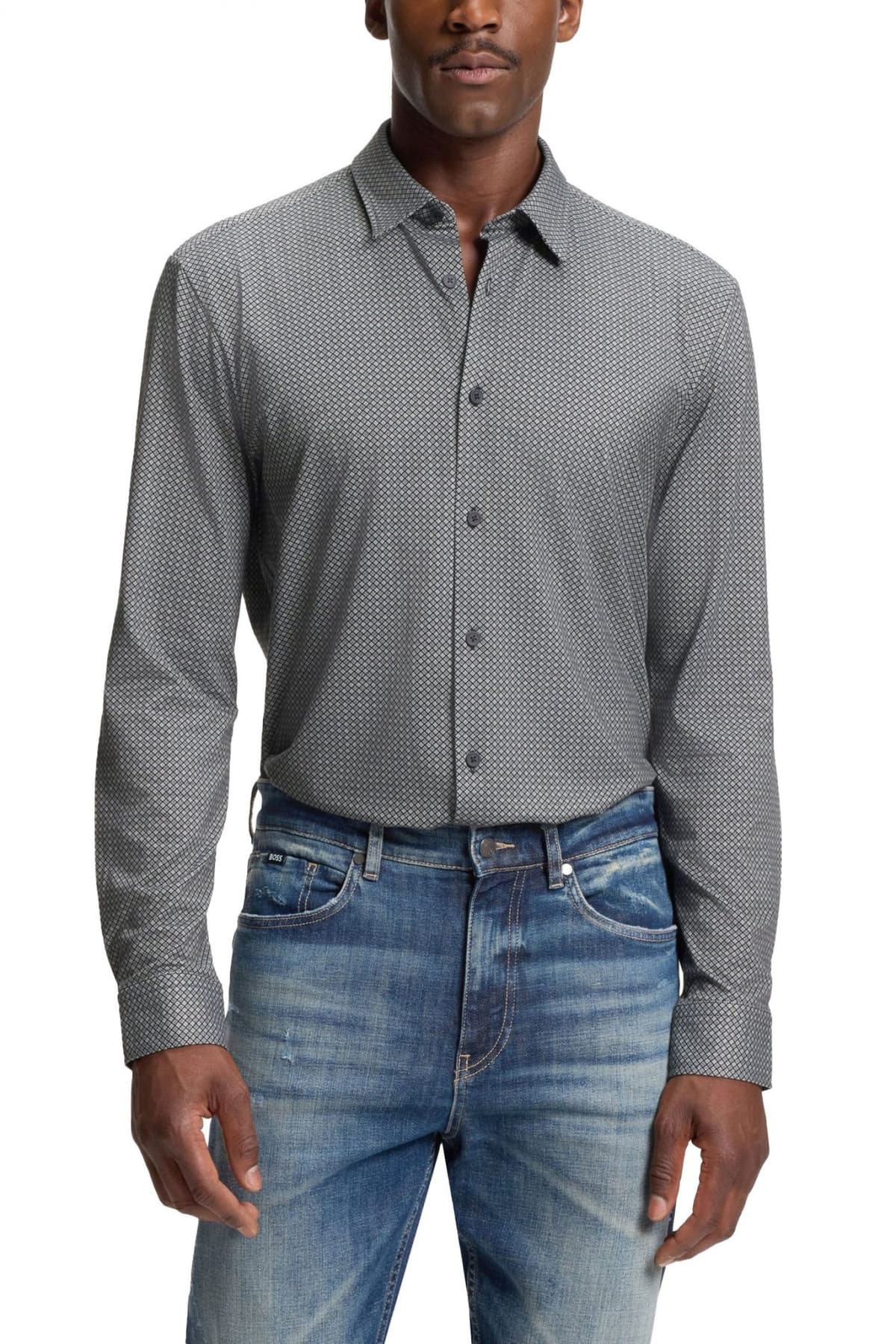 BOSS PERFORMANCE ΠΟΥΚΑΜΙΣΟ ΜΙΚΡΟΣΧΕΔΙΟ SLIM FIT ΜΑΥΡΟ-ΓΚΡΙ