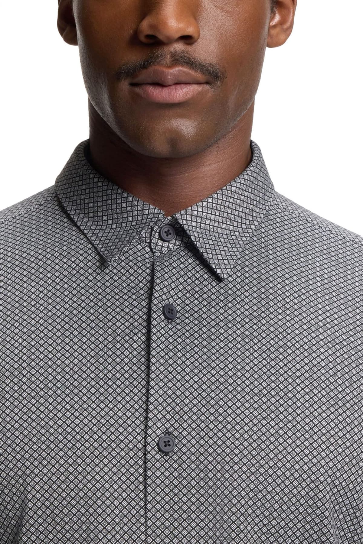 BOSS PERFORMANCE ΠΟΥΚΑΜΙΣΟ ΜΙΚΡΟΣΧΕΔΙΟ SLIM FIT ΜΑΥΡΟ-ΓΚΡΙ