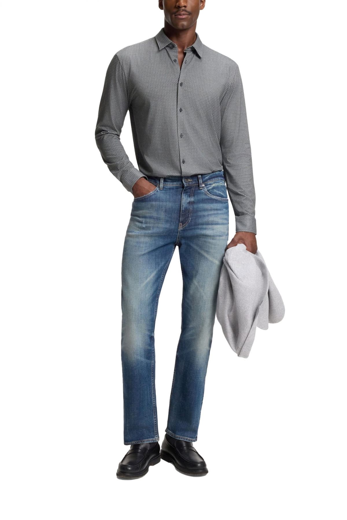 BOSS PERFORMANCE ΠΟΥΚΑΜΙΣΟ ΜΙΚΡΟΣΧΕΔΙΟ SLIM FIT ΜΑΥΡΟ-ΓΚΡΙ