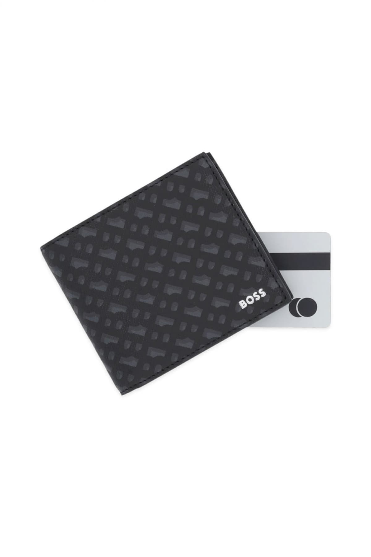 BOSS ΠΟΡΤΟΦΟΛΙ ZAIR MN 4CC COIN ALL OVER LOGO ΜΑΥΡΟ-ΓΚΡΙ