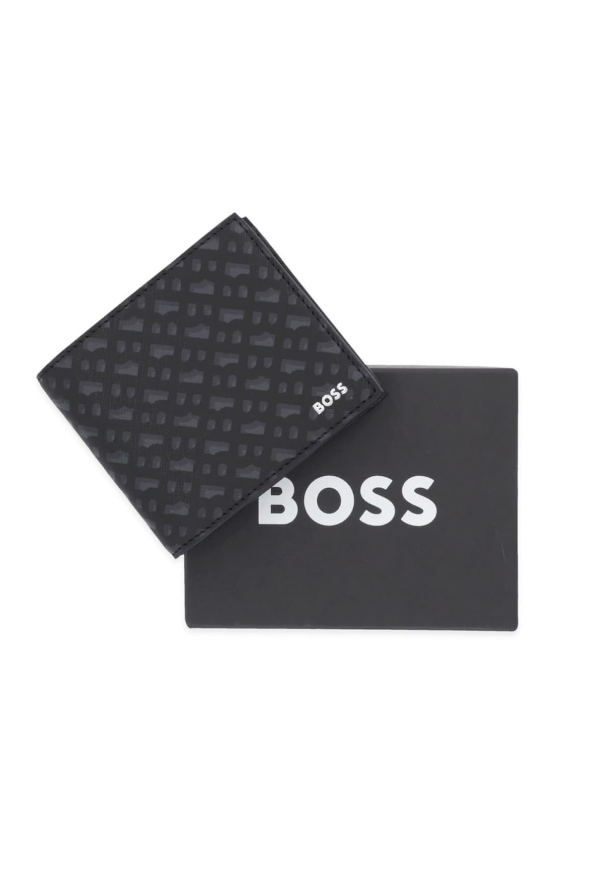 BOSS ΠΟΡΤΟΦΟΛΙ ZAIR MN 4CC COIN ALL OVER LOGO ΜΑΥΡΟ-ΓΚΡΙ