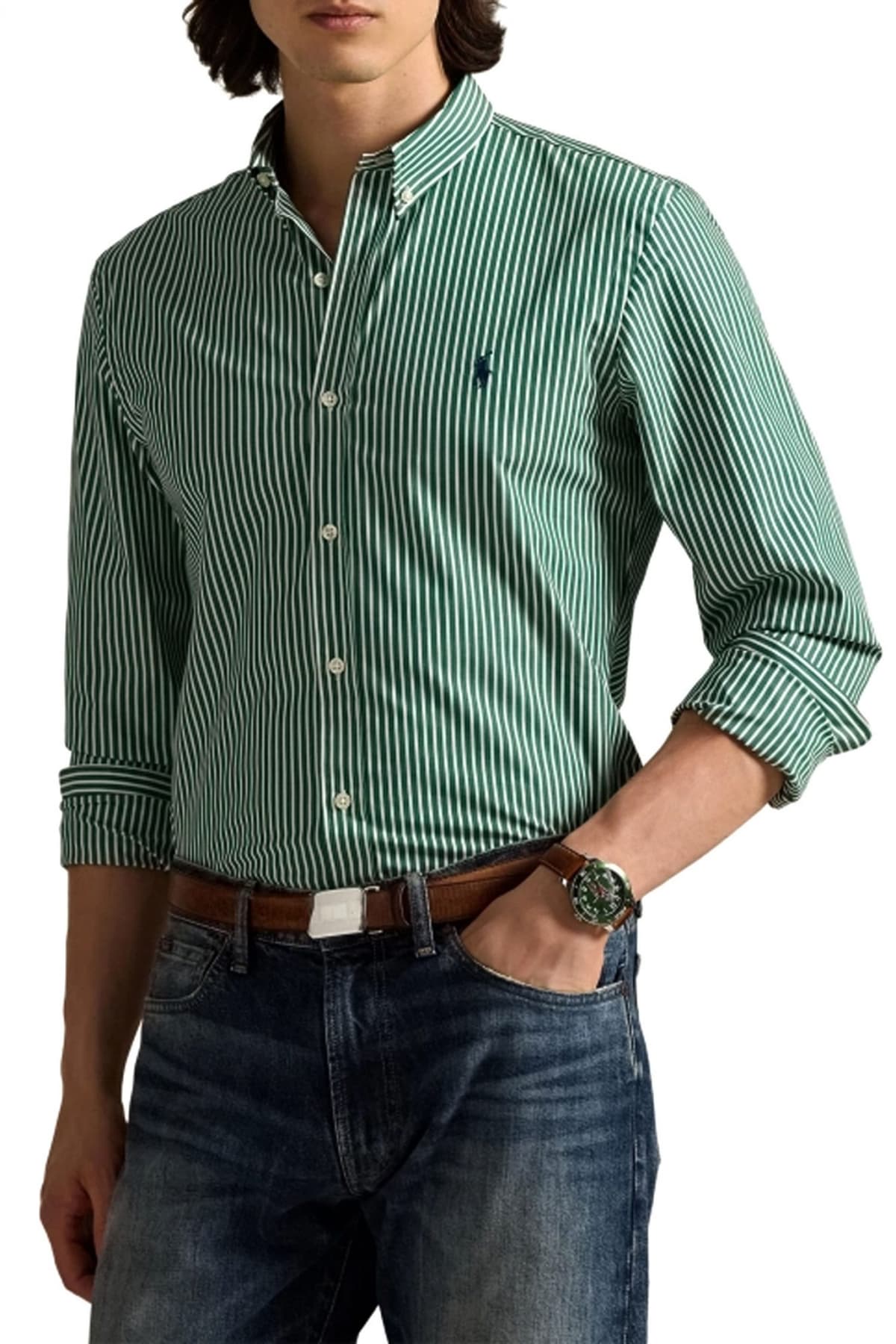 RALPH LAUREN ΠΟΥΚΑΜΙΣΟ ΡΙΓΕ BUTTON DOWN CUSTOM FIT STRETCH ΠΡΑΣΙΝΟ-ΛΕΥΚΟ