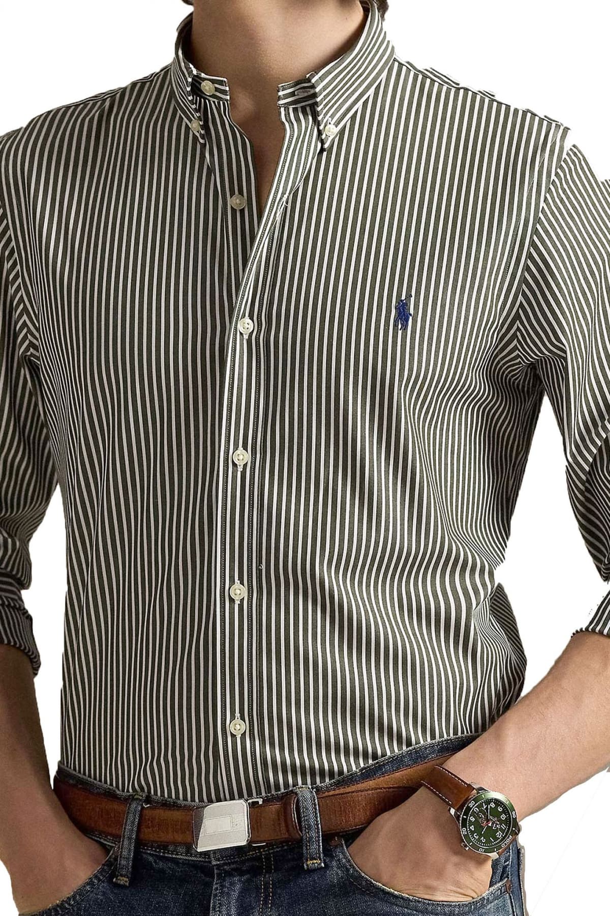 RALPH LAUREN ΠΟΥΚΑΜΙΣΟ ΡΙΓΕ BUTTON DOWN CUSTOM FIT STRETCH ΓΚΡΙ-ΛΕΥΚΟ