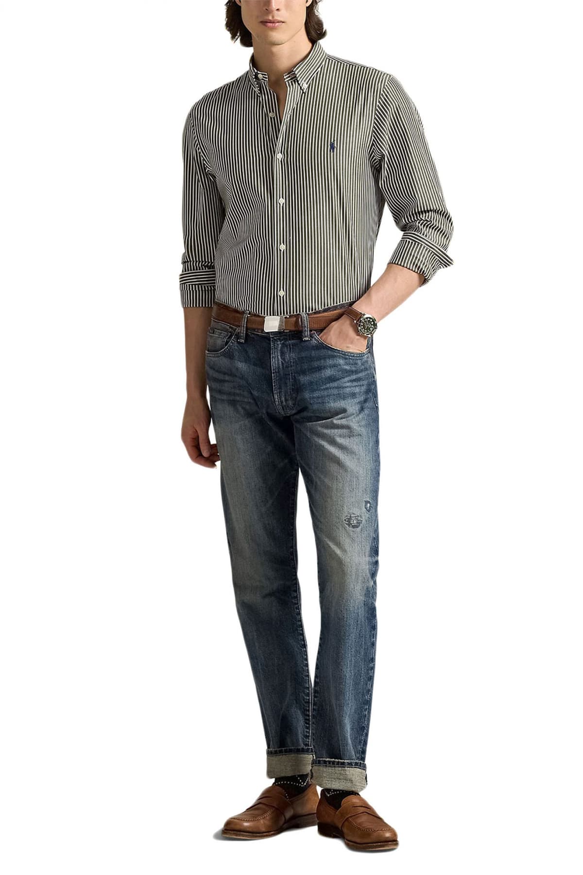 RALPH LAUREN ΠΟΥΚΑΜΙΣΟ ΡΙΓΕ BUTTON DOWN CUSTOM FIT STRETCH ΓΚΡΙ-ΛΕΥΚΟ