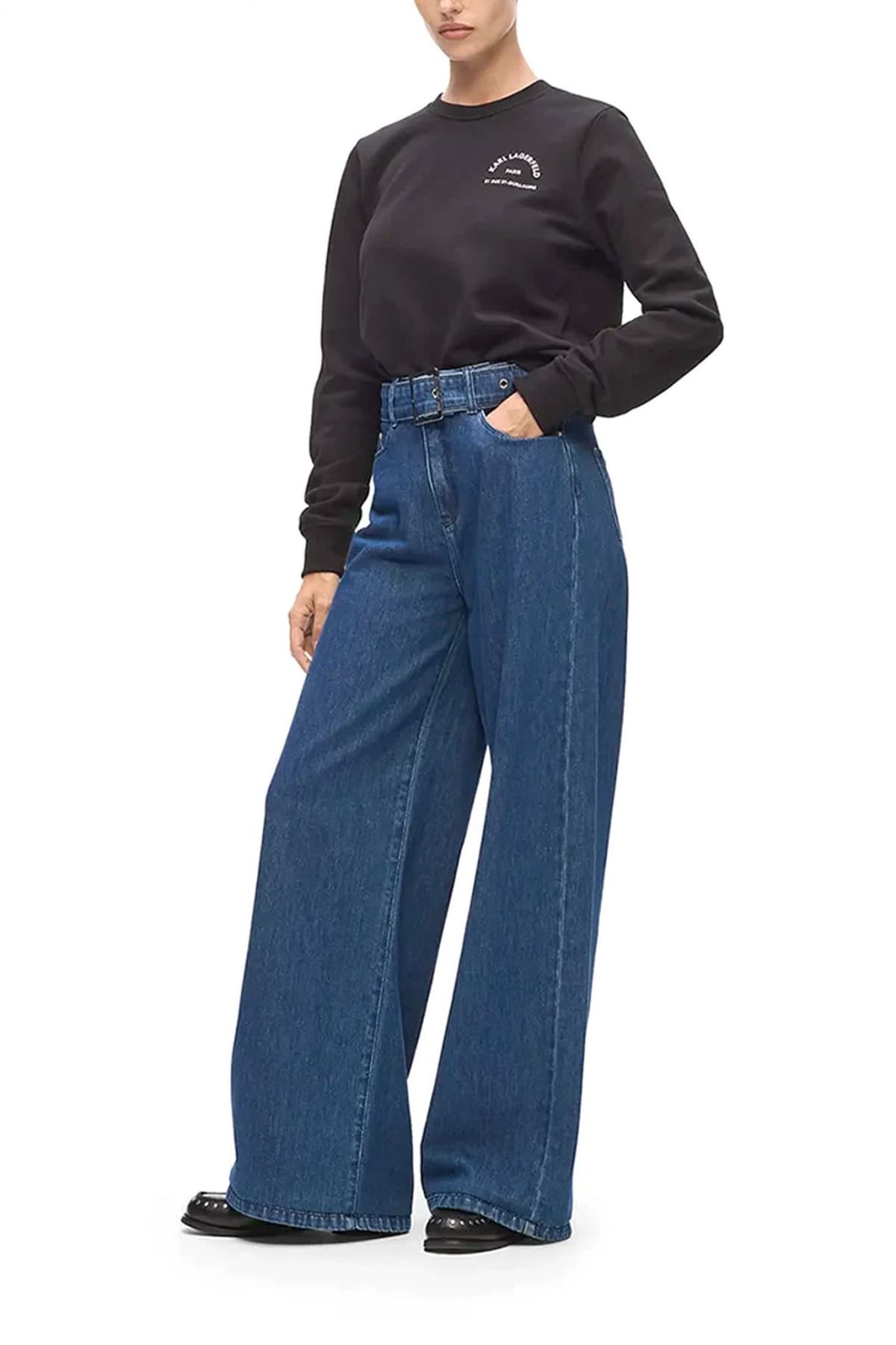 KARL LAGERFELD ΠΑΝΤΕΛΟΝΙ JEANS BELTED WIDE LEG ΑΠΟΣΠΩΜΕΝΗ ΖΩΝΗ ΤΣΕΠΕΣ ΜΠΛΕ