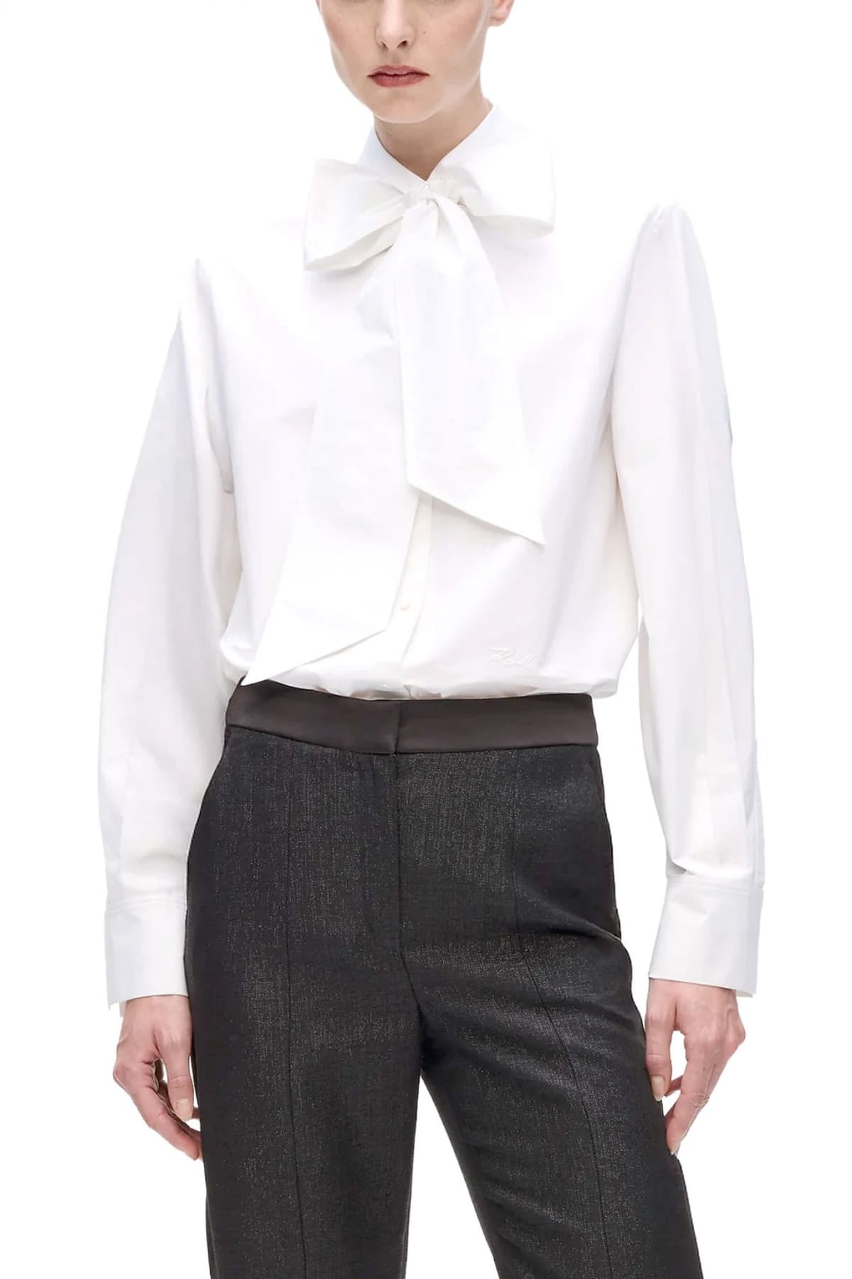 KARL LAGERFELD ΠΟΥΚΑΜΙΣΟ RETRO POPLIN BOW ΑΠΟΣΠΩΜΕΝΗ ΛΕΠΤΟΜΕΡΕΙΑ ΛΑΙΜΟΥ LOGO ΛΕΥΚΟ