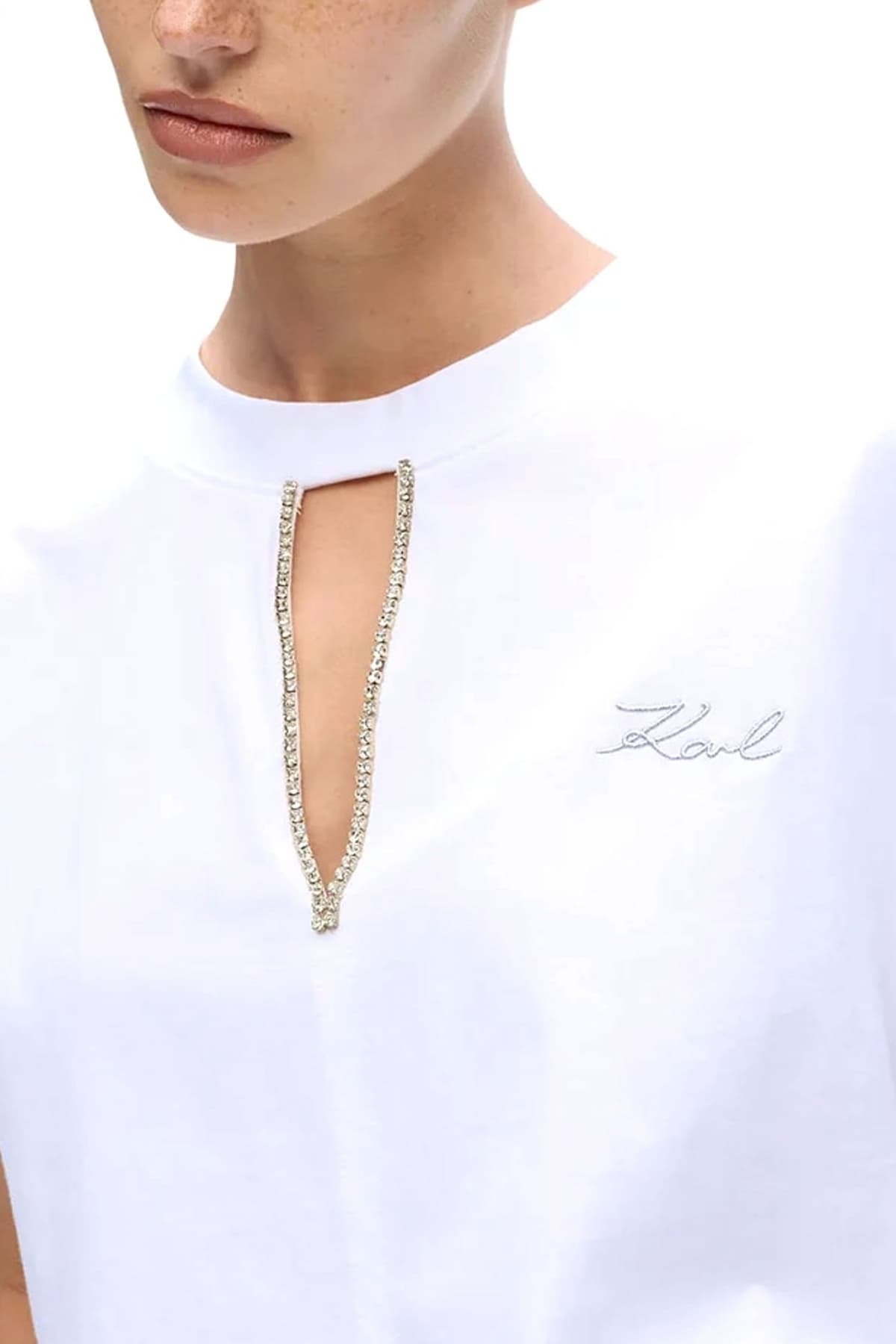 KARL AGERFELD T-SHIRT EMBELLISHED RELAXED FIT ΛΕΠΤΟΜΕΡΕΙΑ ΣΤΡΑΣ ΑΝΟΙΓΜΑ ΜΠΡΟΣΤΑ LOGO ΛΕΥΚΟ