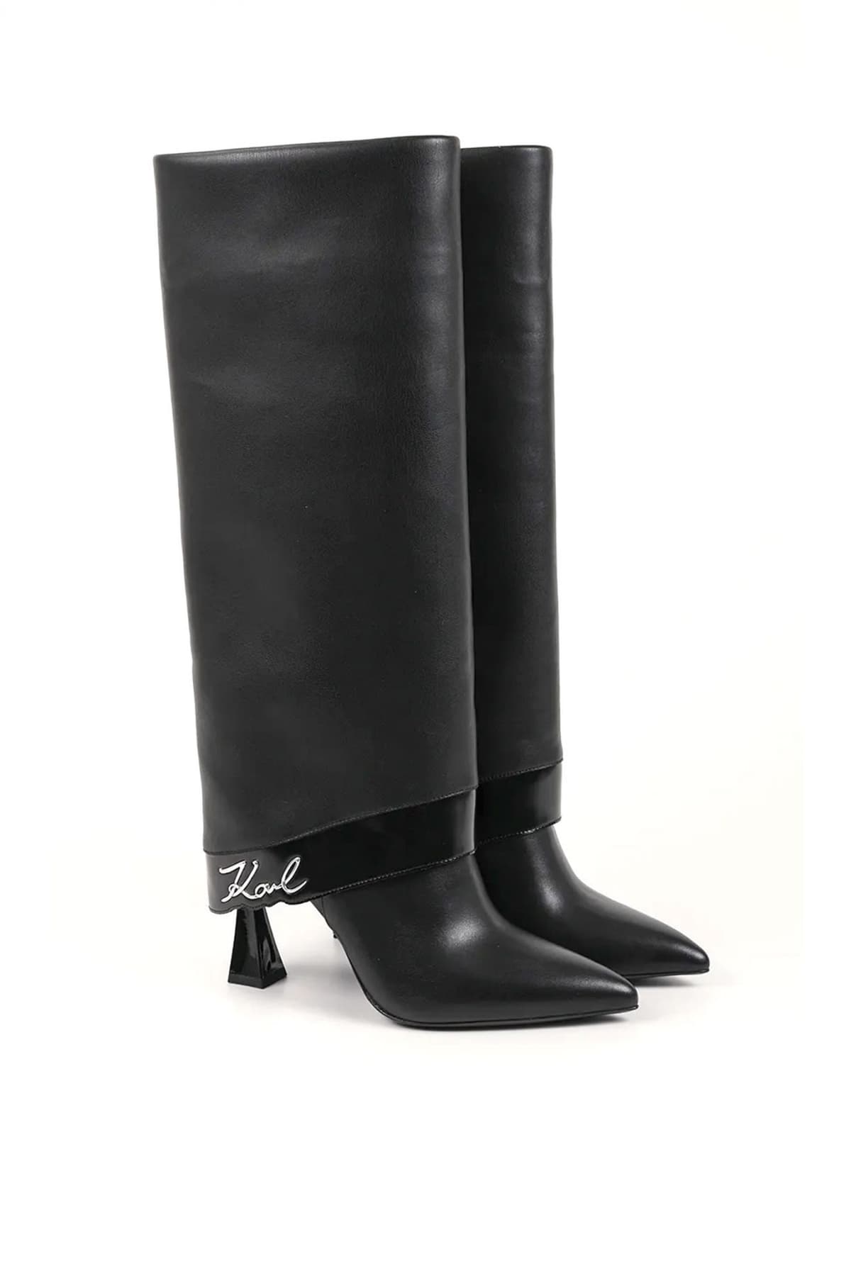 KARL LAGERFELD ΠΑΠΟΥΤΣΙΑ MΠΟΤΕΣ DEBUTANTE FOLD DOWN HI LEG BOOT METAΛΛΙΚΟ LOGO ΜΑΥΡΟ
