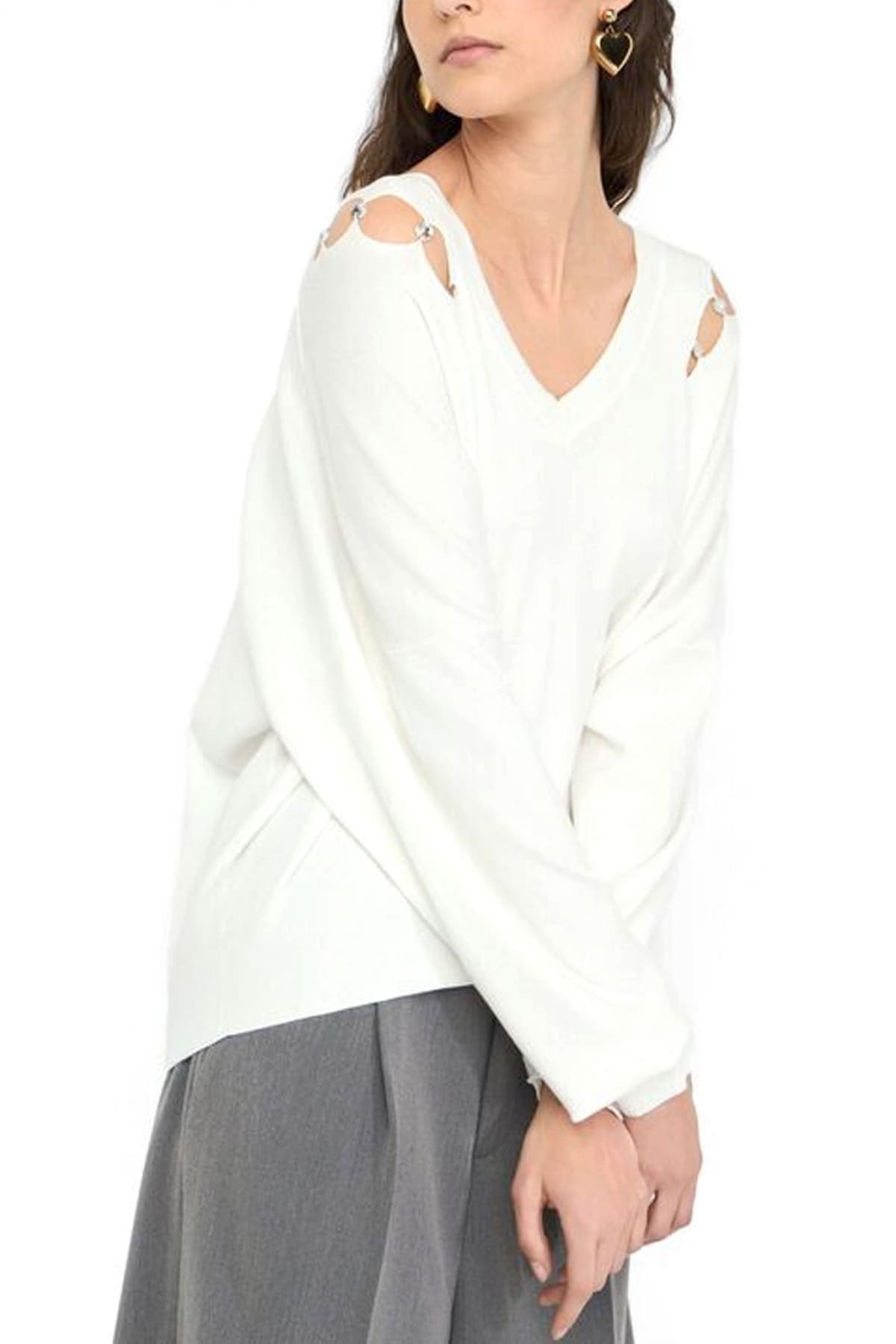 LIU-JO BETTER ΠΛΕΚΤΟ V-NECK ΑΝΟΙΓΜΑΤΑ ΜΕ ΛΕΠΤΟΜΕΡΕΙΑ ΚΡΥΣΤΑΛΛΑ ΛΕΥΚΟ