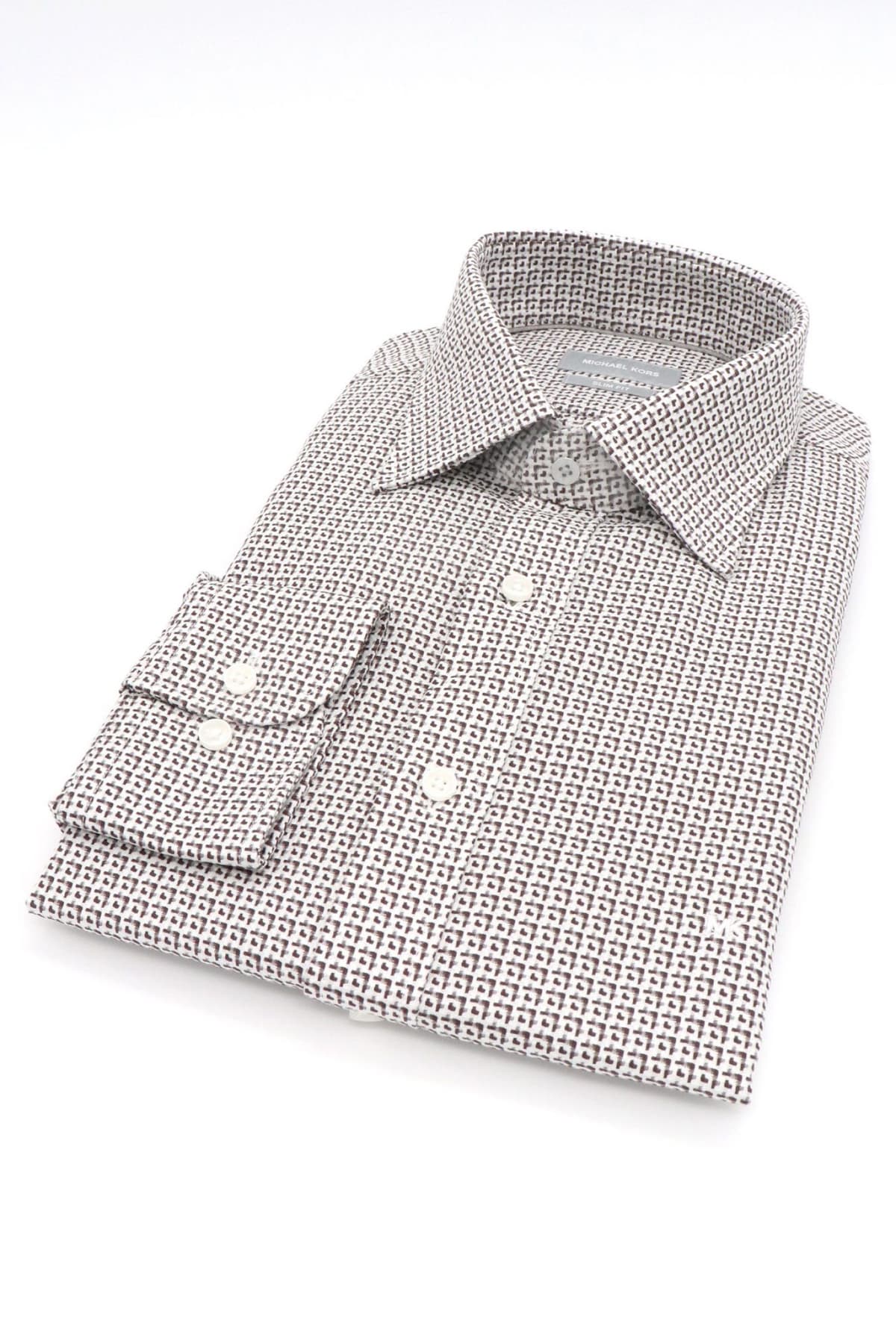 MICHAEL KORS ΠΟΥΚΑΜΙΣΟ ΜΙΚΡΟΣΧΕΔΙΟ SLIM FIT EASY CARE STRETCH ΛΕΥΚΟ-ΚΑΦΕ