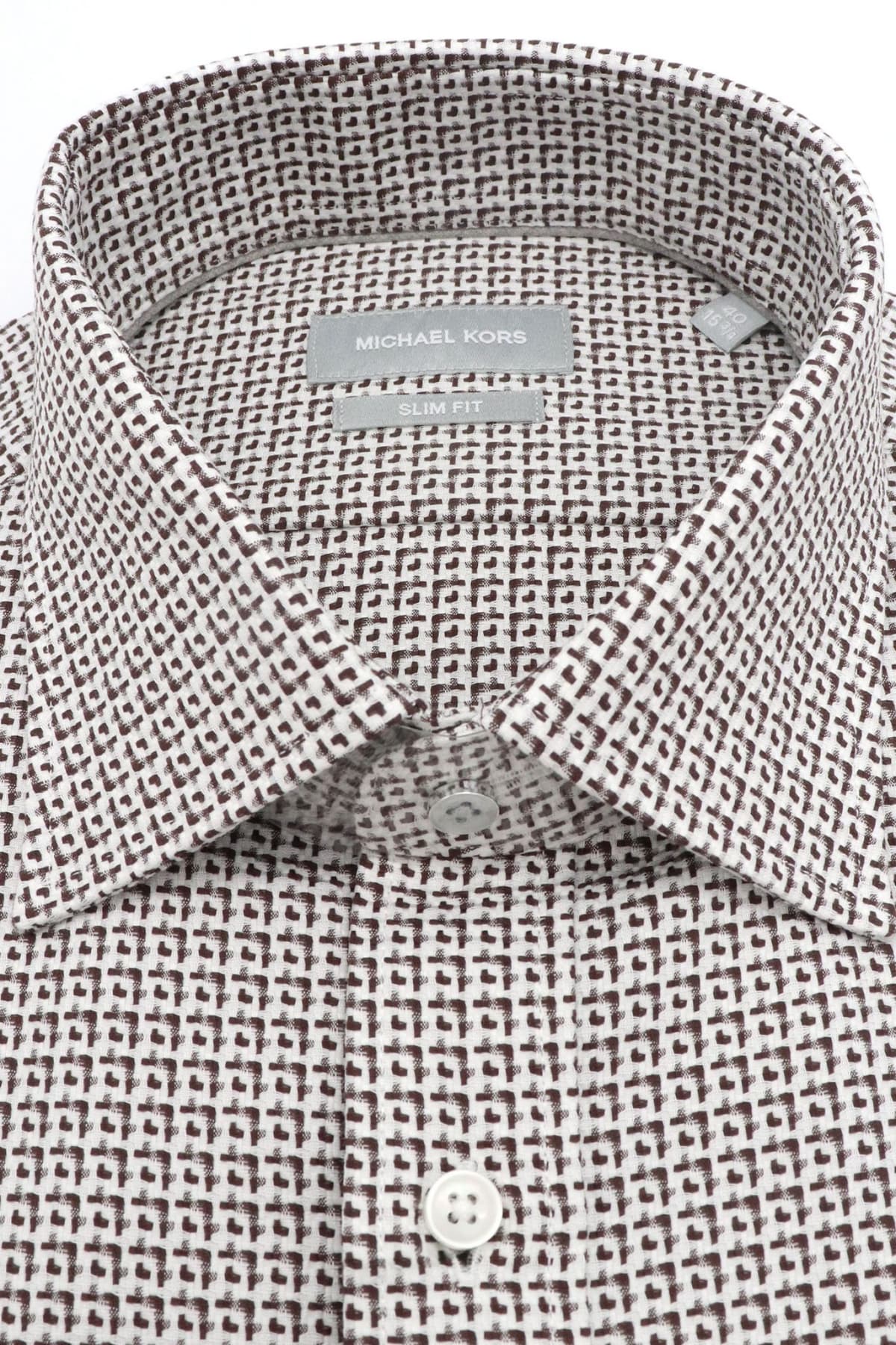 MICHAEL KORS ΠΟΥΚΑΜΙΣΟ ΜΙΚΡΟΣΧΕΔΙΟ SLIM FIT EASY CARE STRETCH ΛΕΥΚΟ-ΚΑΦΕ