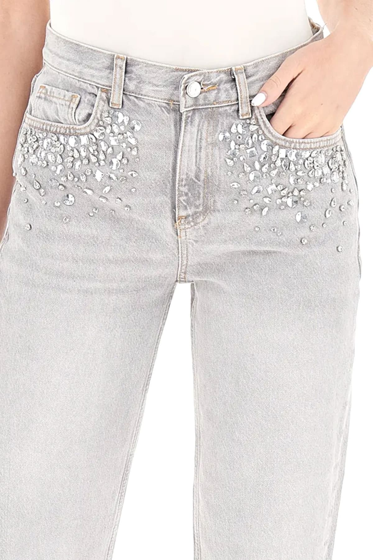 LIU-JO ΠΑΝΤΕΛΟΝΙ JEANS ΚΕΝΤΗΜΑ ΚΡΥΣΤΑΛΛΑ ΓΚΡΙ