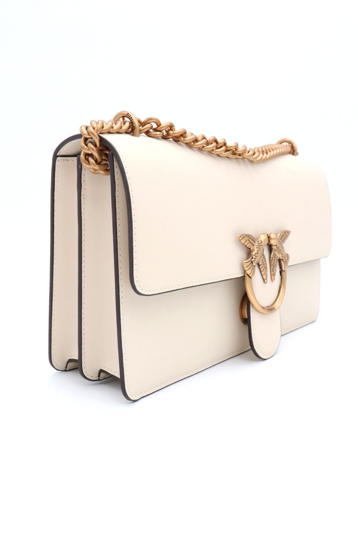 PINKO ΤΣΑΝΤΑ LOVE ONE CLASSIC DC VITELLO SETA LOGO ΛΕΥΚΟ-ANTIQUE GOLD