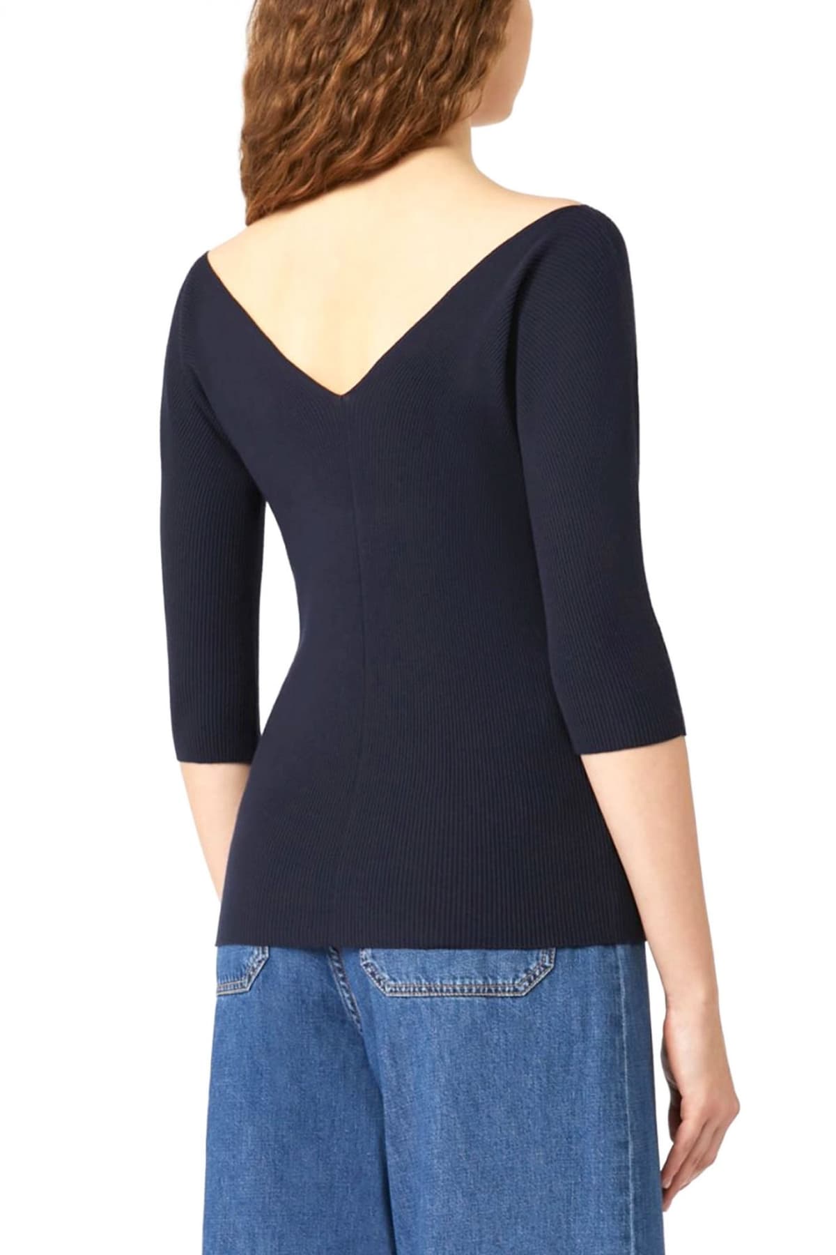 MAX MARA WEEKEND ΠΛΕΚΤΟ V NECK BACK CROP ΜΑΝΙΚΙ OCEANO ΜΠΛΕ