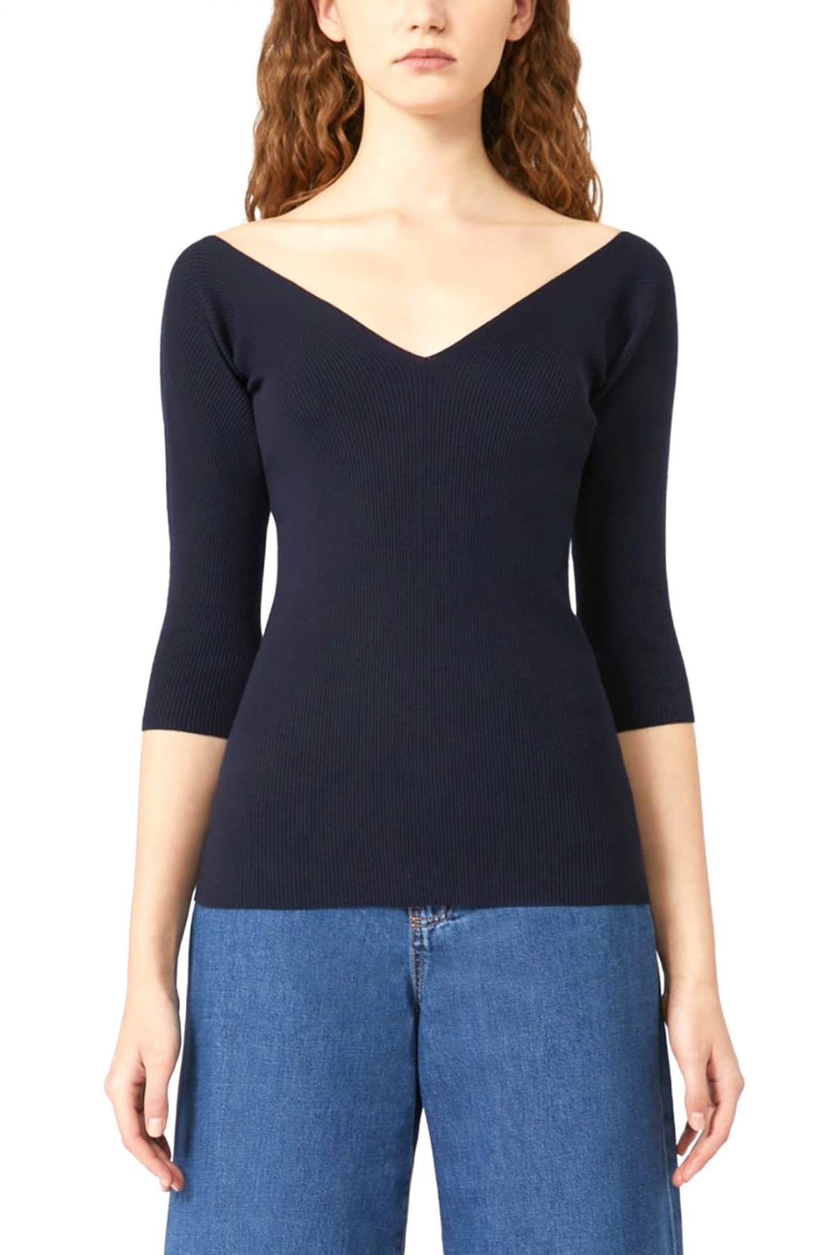MAX MARA WEEKEND ΠΛΕΚΤΟ V NECK BACK CROP ΜΑΝΙΚΙ OCEANO ΜΠΛΕ