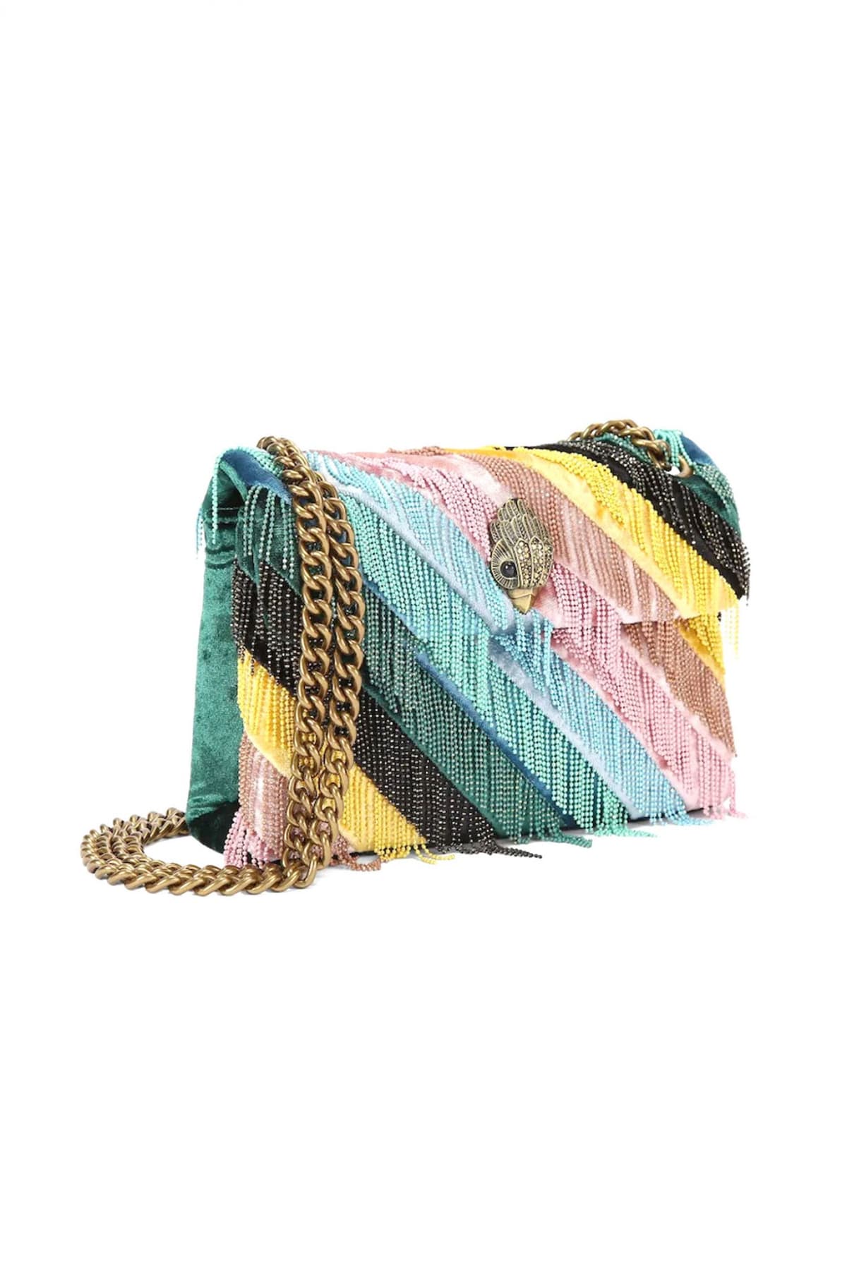 KURT GEIGER ΤΣΑΝΤΑΚΙ CROSSBODY/ΩΜΟΥ MINI KENSINGTON FRINGES ΒΕΛΟΥΔΟ ΚΡΟΣΙΑ ΜΕ ΧΑΝΤΡΕΣ ΑΛΥΣΙΔΑ LOGO ΠΟΛΥΧΡΩΜΟ