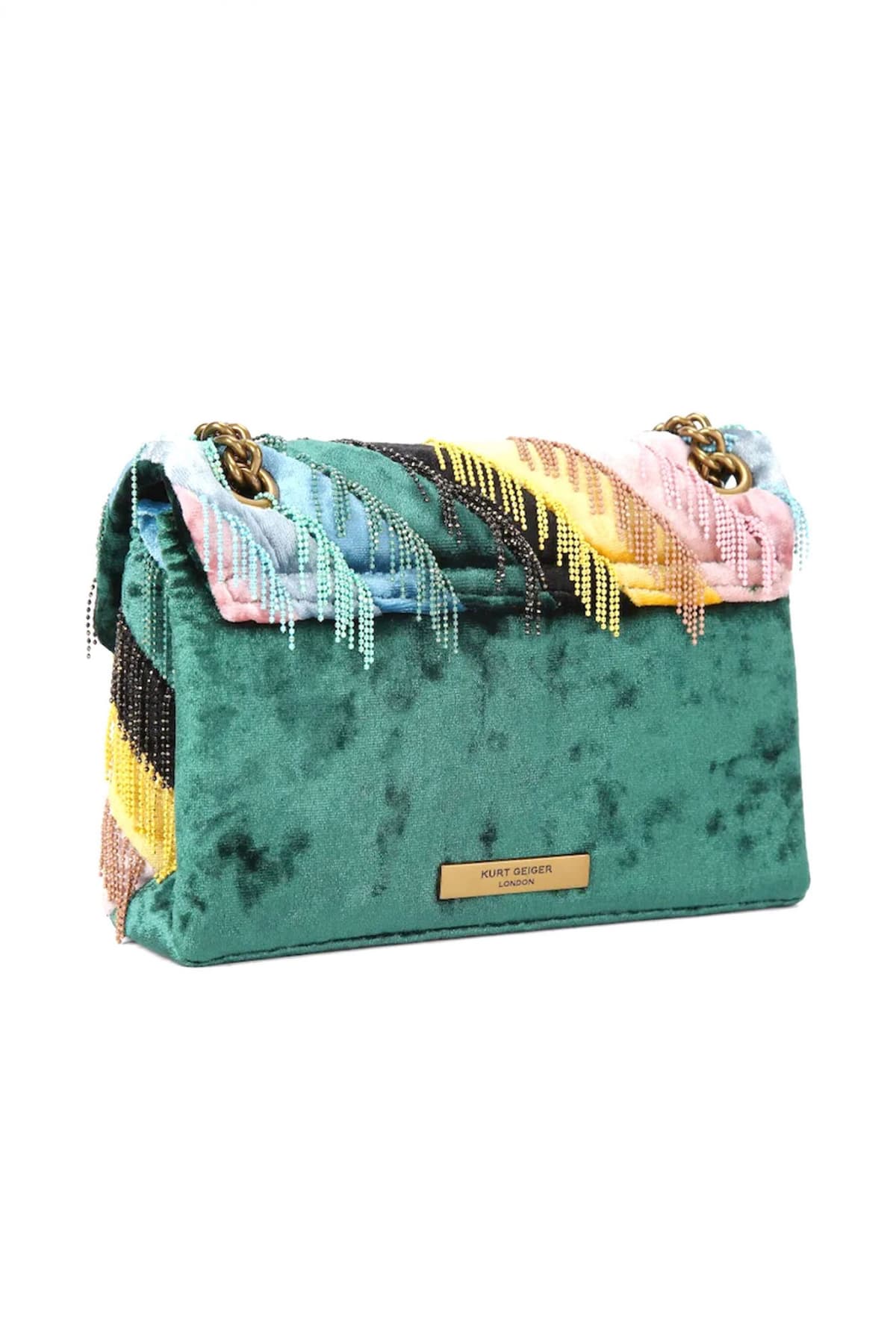 KURT GEIGER ΤΣΑΝΤΑΚΙ CROSSBODY/ΩΜΟΥ MINI KENSINGTON FRINGES ΒΕΛΟΥΔΟ ΚΡΟΣΙΑ ΜΕ ΧΑΝΤΡΕΣ ΑΛΥΣΙΔΑ LOGO ΠΟΛΥΧΡΩΜΟ