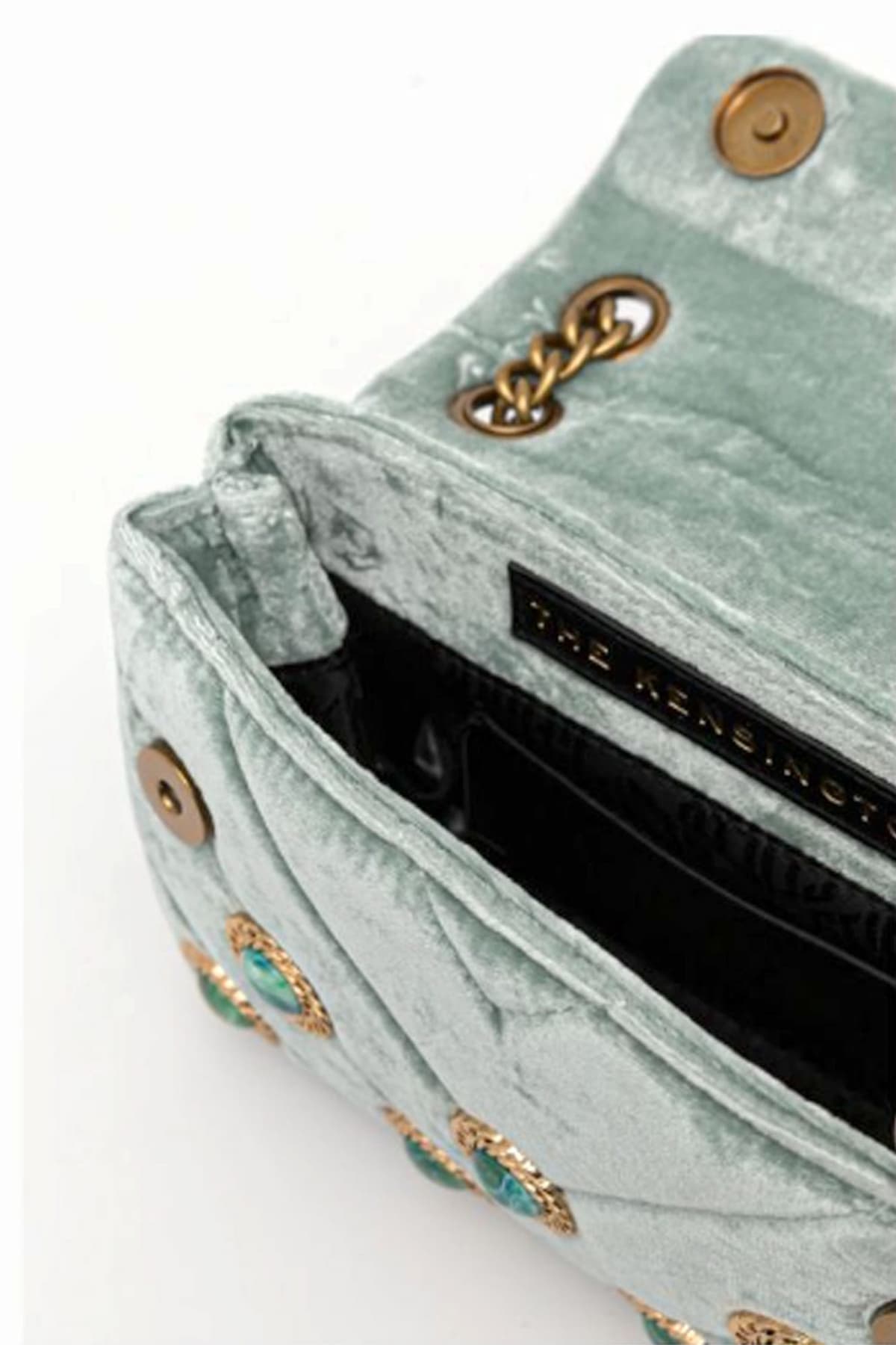 KURT GEIGER ΤΣΑΝΤΑ CROSSBODY/ΩΜΟΥ VELVET MINI KENSINGTON AΛΥΣΙΔΑ LOGO ΑΠΑΛΟ ΠΑΡΑΣΙΝΟ