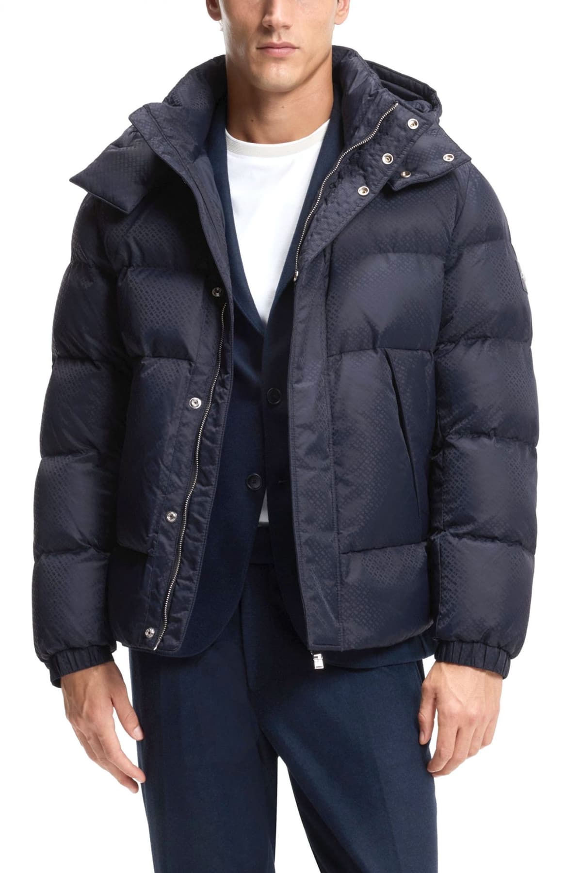 BOSS ΜΠΟΥΦΑΝ PUFFER ALL OVER LOGO ΑΠΟΣΠΩΜΕΝΗ KΟΥΚΟΥΛΑ H-COMBINIAN5 ΜΠΛΕ