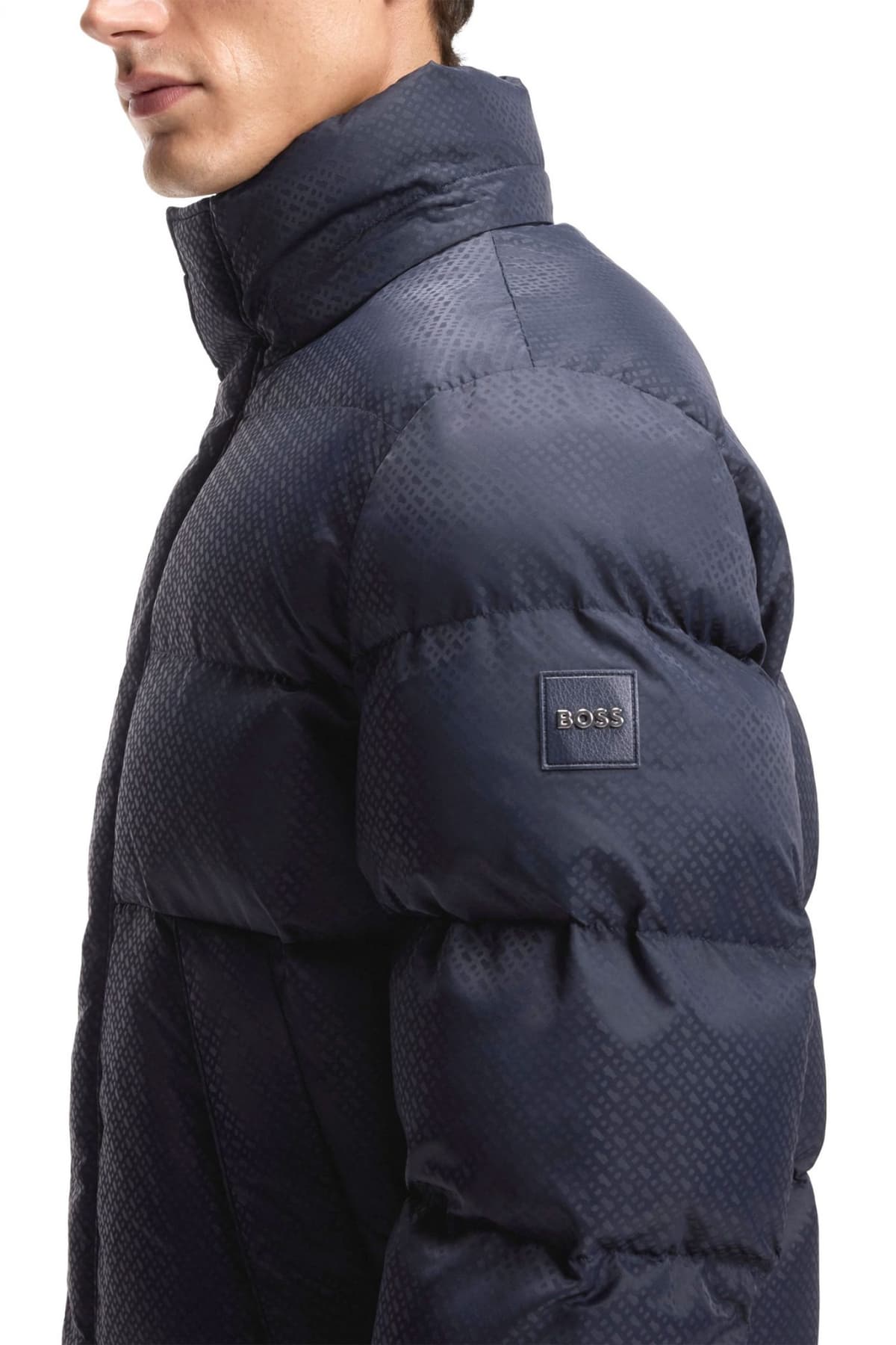 BOSS ΜΠΟΥΦΑΝ PUFFER ALL OVER LOGO ΑΠΟΣΠΩΜΕΝΗ KΟΥΚΟΥΛΑ H-COMBINIAN5 ΜΠΛΕ