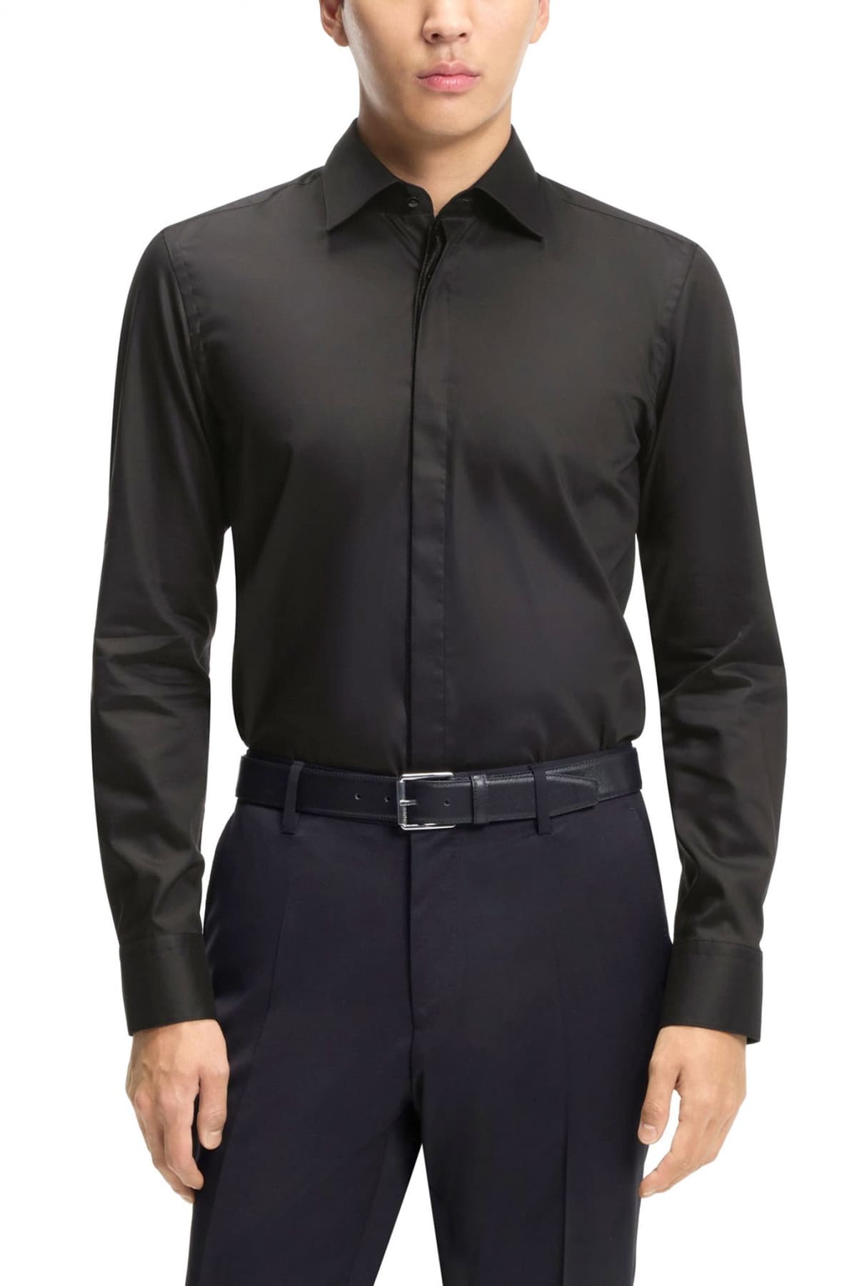 BOSS ΠOYΚΑΜΙΣΟ SLIM FIT EASY IRON H-HANK-PARTY6-254 ΜΑΥΡΟ