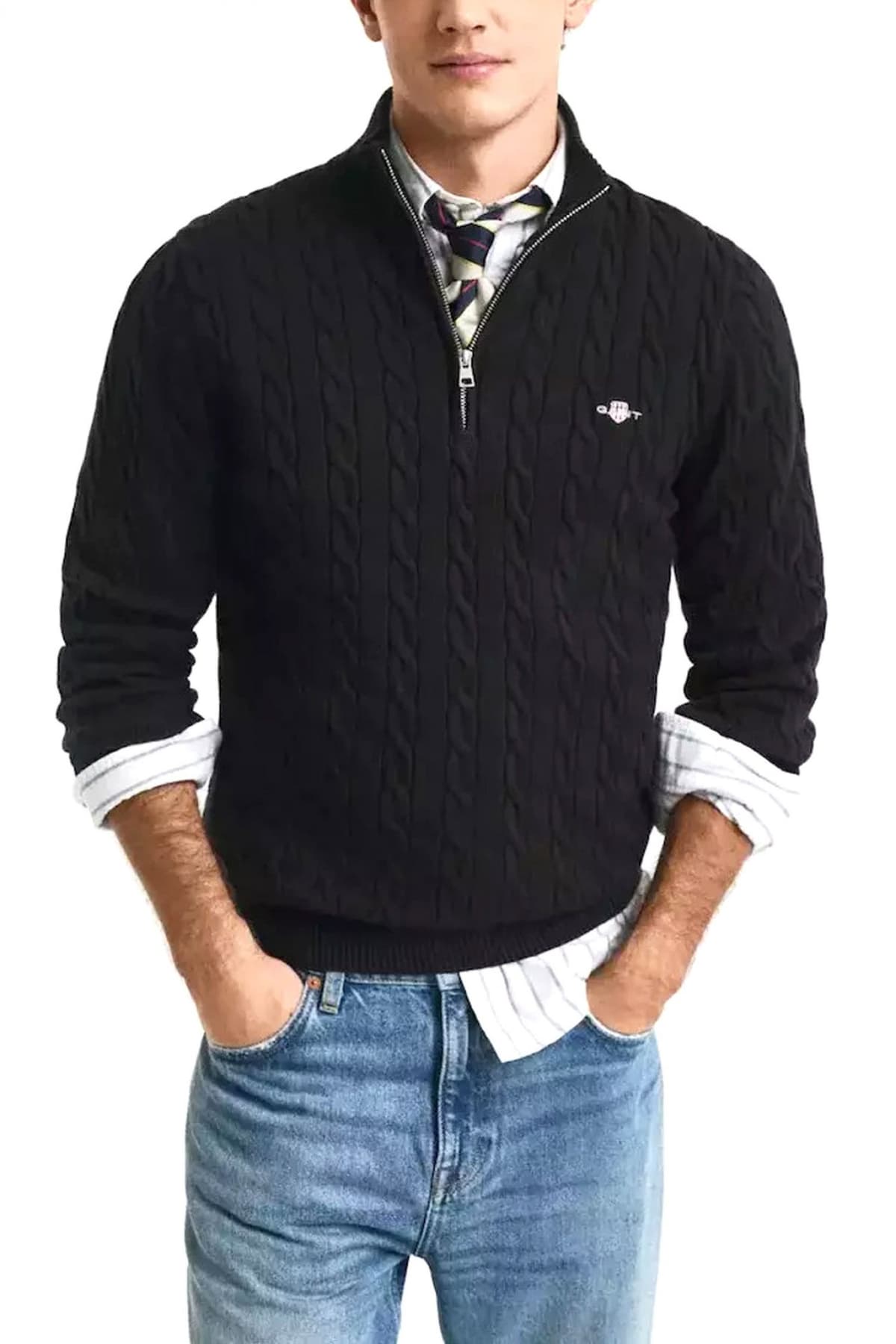 GANT ΠΛΕΚΤΟ HALF ZIP COTTON CABLE ΜΑΥΡΟ