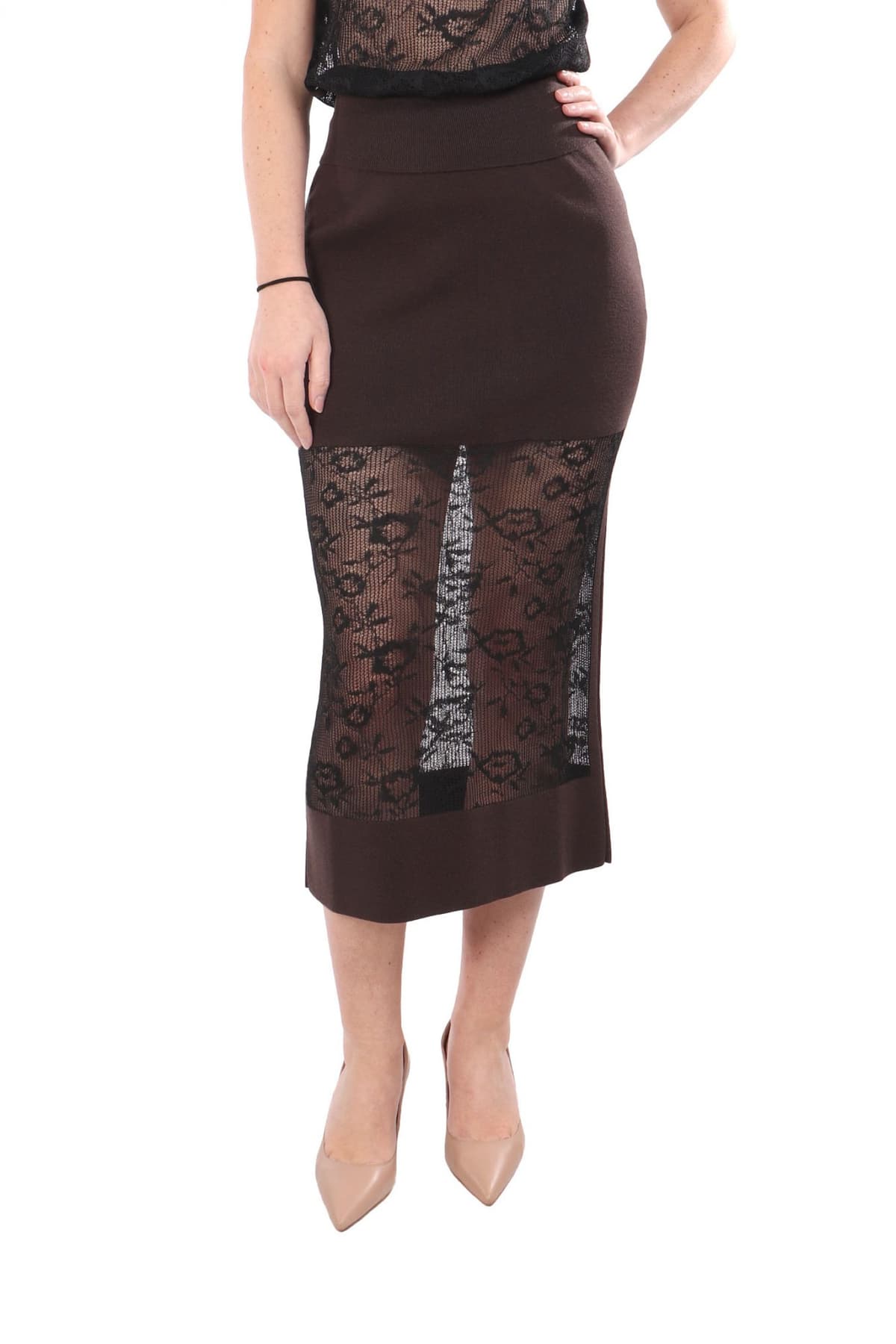 LIVIANA CONTI ΦΟΥΣΤΑ BEVERLY MIDI ΛΕΠΤΟΜΕΡΕΙΑ C-THRU ΛΑΣΤΙΧΟ ΜΕΣΗ ΚΑΦΕ-ΜΑΥΡΟ