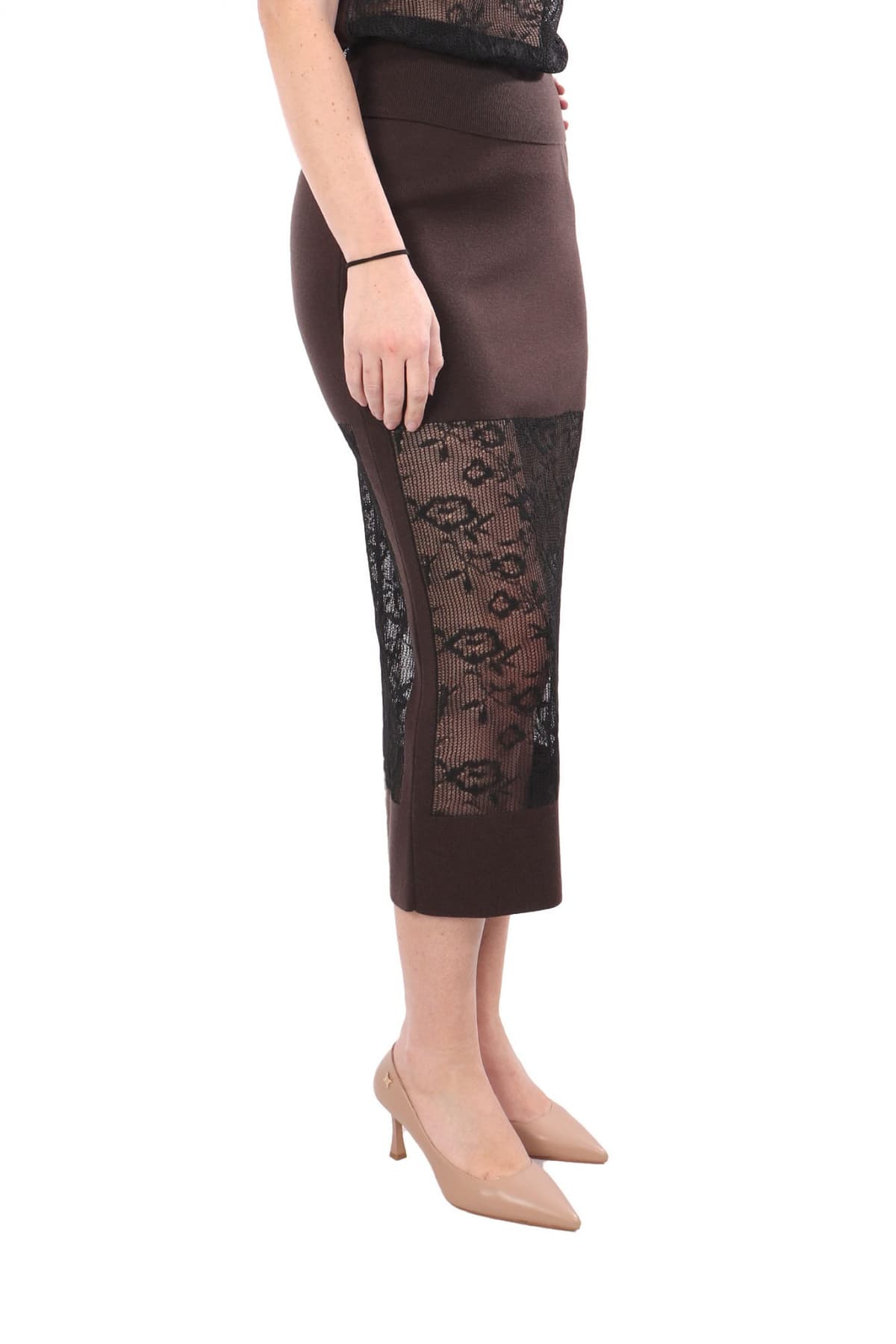 LIVIANA CONTI ΦΟΥΣΤΑ BEVERLY MIDI ΛΕΠΤΟΜΕΡΕΙΑ C-THRU ΛΑΣΤΙΧΟ ΜΕΣΗ ΚΑΦΕ-ΜΑΥΡΟ