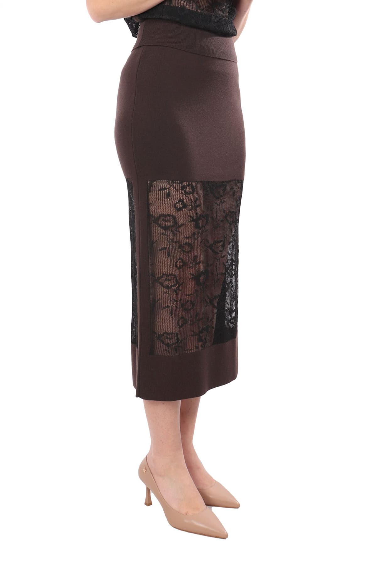 LIVIANA CONTI ΦΟΥΣΤΑ BEVERLY MIDI ΛΕΠΤΟΜΕΡΕΙΑ C-THRU ΛΑΣΤΙΧΟ ΜΕΣΗ ΚΑΦΕ-ΜΑΥΡΟ