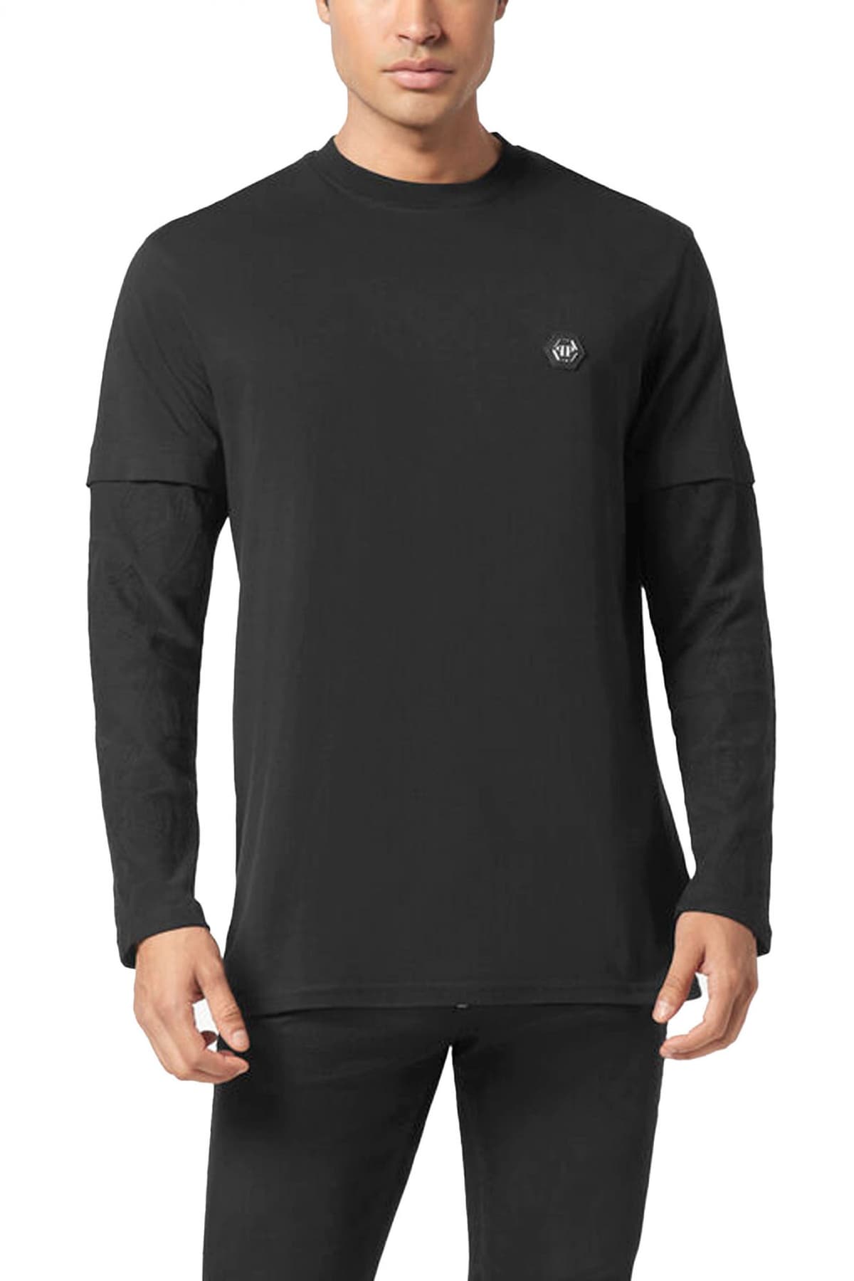 PHILIPP PLEIN T-SHIRT ROUND NECK DOUBLE SLEEVED LONGSLEEVE JACQUARD CREST ΜΑΥΡΟ