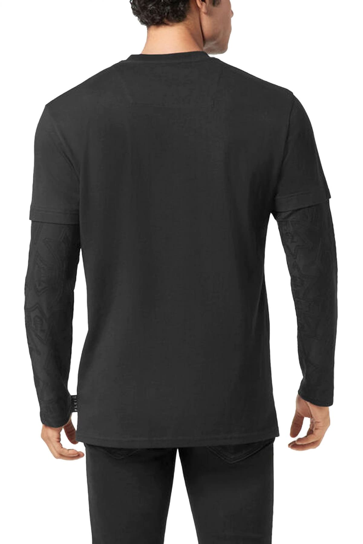 PHILIPP PLEIN T-SHIRT ROUND NECK DOUBLE SLEEVED LONGSLEEVE JACQUARD CREST ΜΑΥΡΟ