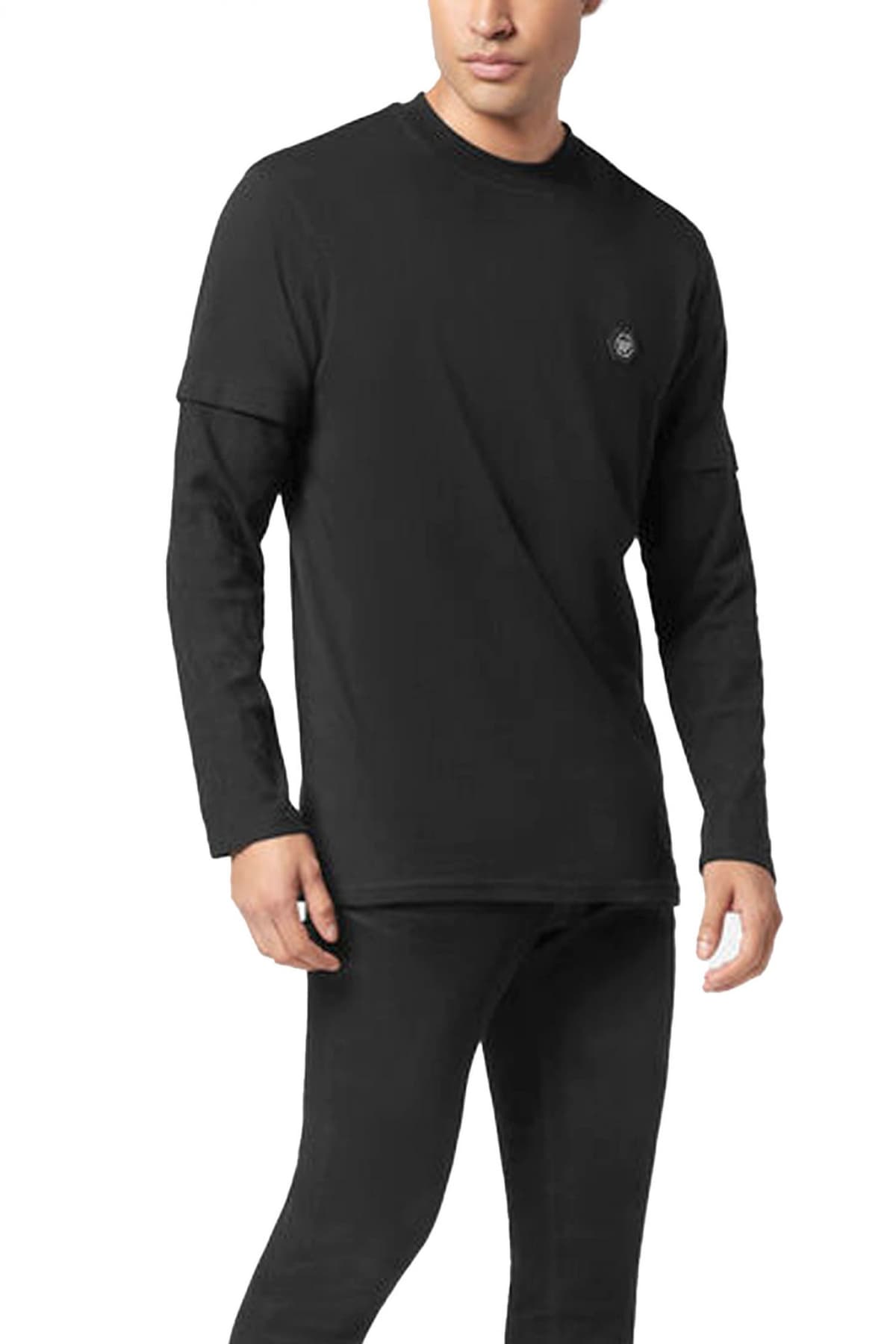 PHILIPP PLEIN T-SHIRT ROUND NECK DOUBLE SLEEVED LONGSLEEVE JACQUARD CREST ΜΑΥΡΟ