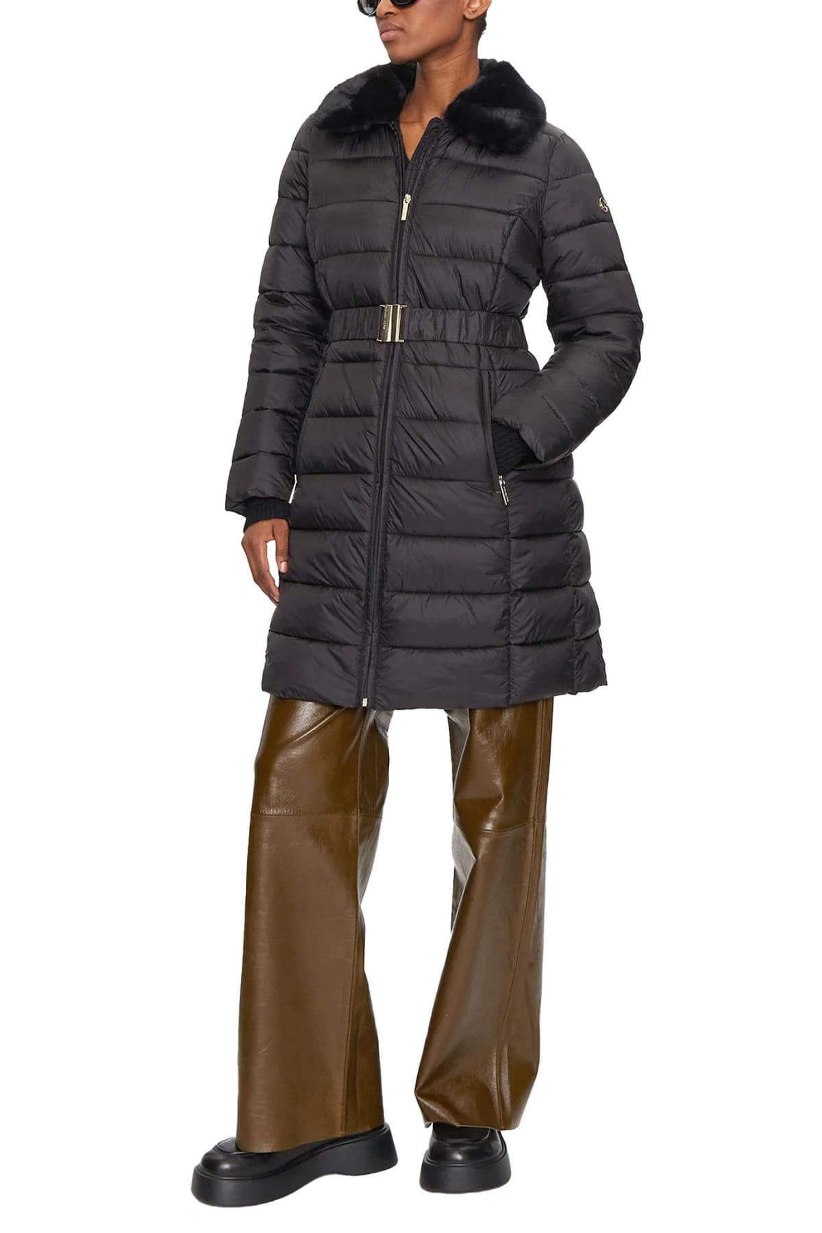 MICHAEL KORS ΜΠΟΥΦΑΝ ΦΟΥΣΚΩΤΟ ΑΠΟΣΠΩΜΕΝΗ ΖΩΝΗ ΑΠΟΣΠΩΜΕΝΟΣ ΓΙΑΚΑΣ FAUX FUR LOGO ΤΣΕΠΕΣ ΜΑΥΡΟ