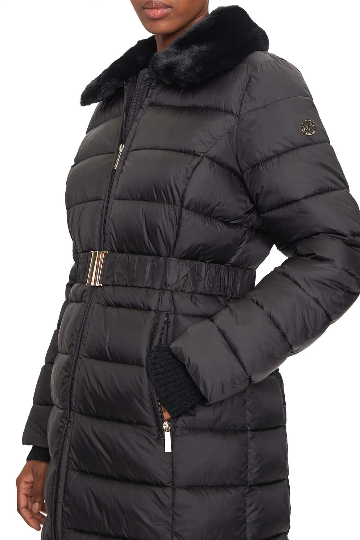 MICHAEL KORS ΜΠΟΥΦΑΝ ΦΟΥΣΚΩΤΟ ΑΠΟΣΠΩΜΕΝΗ ΖΩΝΗ ΑΠΟΣΠΩΜΕΝΟΣ ΓΙΑΚΑΣ FAUX FUR LOGO ΤΣΕΠΕΣ ΜΑΥΡΟ