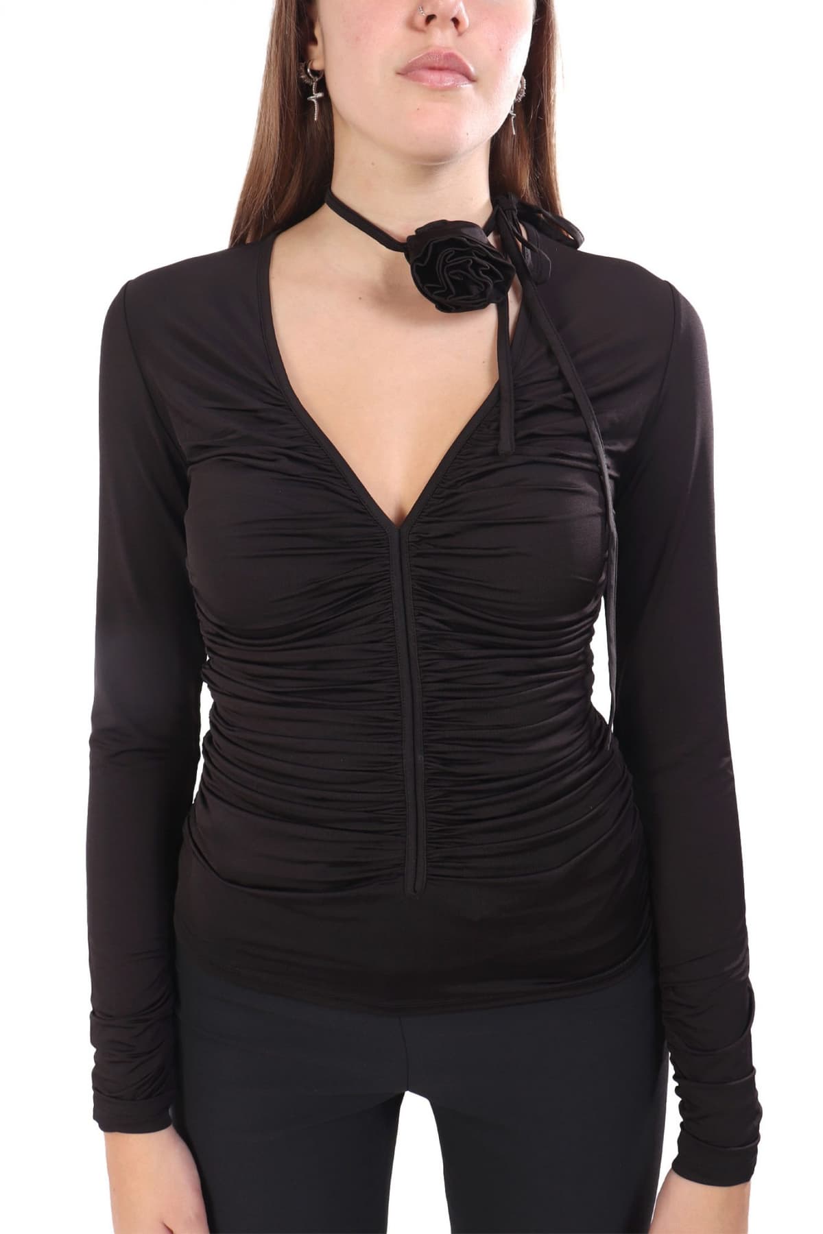 MARELLA TOP EREMITA V-NECK ΑΠΟΣΠΩΜΕΝΗ ΛΕΠΤΟΜΕΡΕΙΑ ΛΑΙΜΟΥ ΜΑΥΡΟ