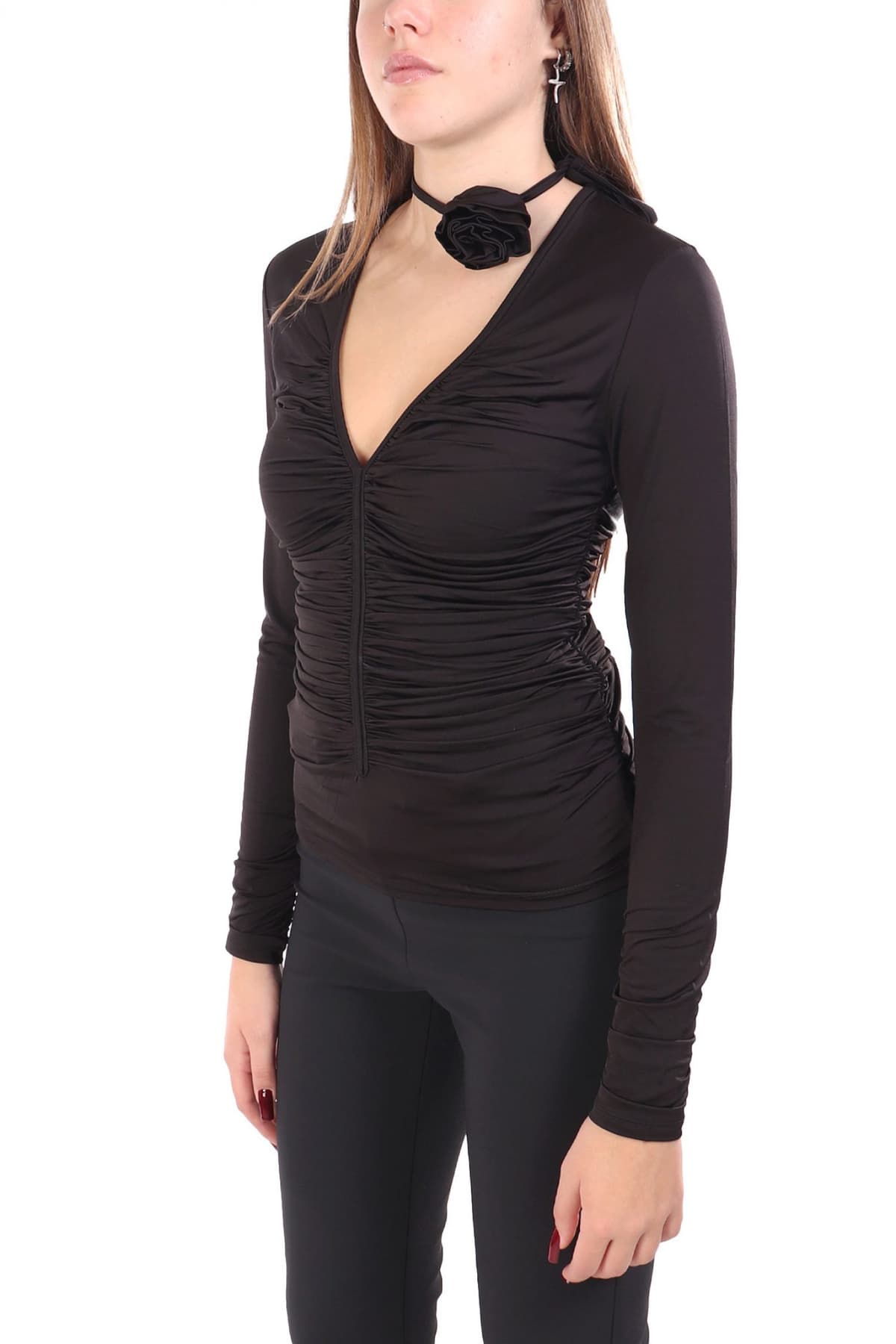 MARELLA TOP EREMITA V-NECK ΑΠΟΣΠΩΜΕΝΗ ΛΕΠΤΟΜΕΡΕΙΑ ΛΑΙΜΟΥ ΜΑΥΡΟ