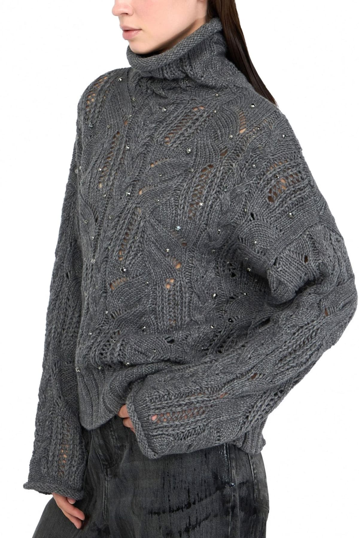 LIU-JO ΠΛΕΚΤΟ MAGLIA CHIUSA ΛΟΥΠΕΤΟ ΣΤΡΑΣ ΓΚΡΙ