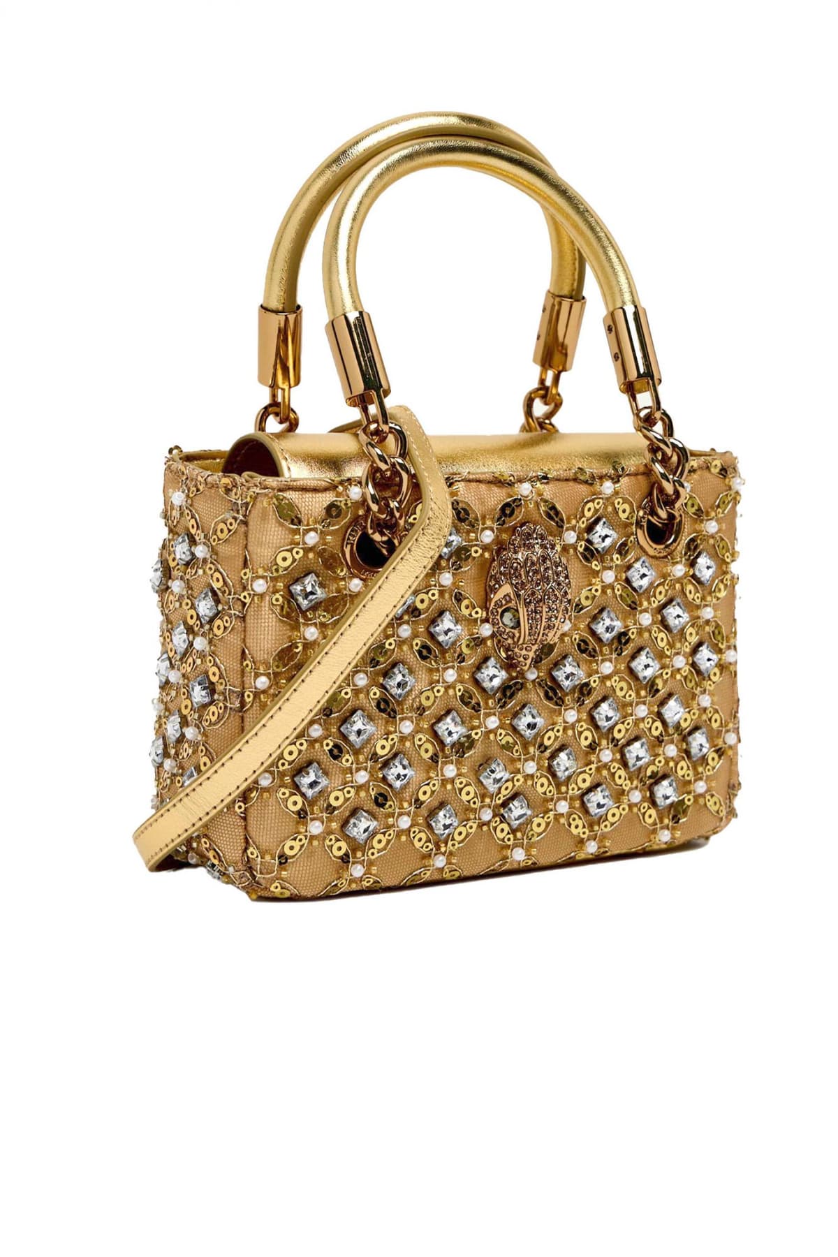 KURT GEIGER ΤΣΑΝΤΑKI CROSSBODY/XEIΡΟΣ SQ MINI KENSINGTON JEWEL ΣΤΡΑΣ ΠΕΡΛΕΣ ΑΛΥΣΙΔΑ LOGO ΧΡΥΣΟ