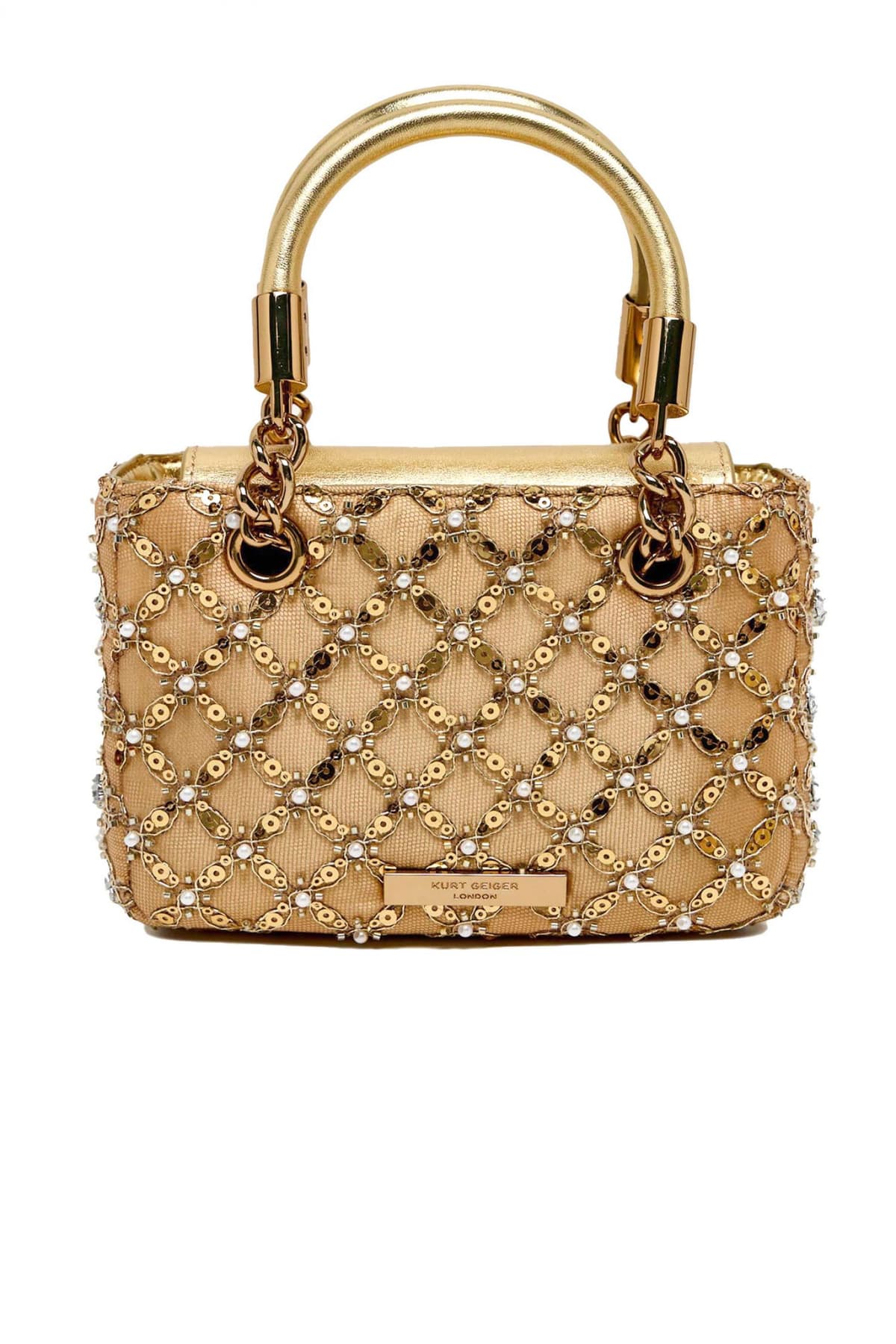 KURT GEIGER ΤΣΑΝΤΑKI CROSSBODY/XEIΡΟΣ SQ MINI KENSINGTON JEWEL ΣΤΡΑΣ ΠΕΡΛΕΣ ΑΛΥΣΙΔΑ LOGO ΧΡΥΣΟ