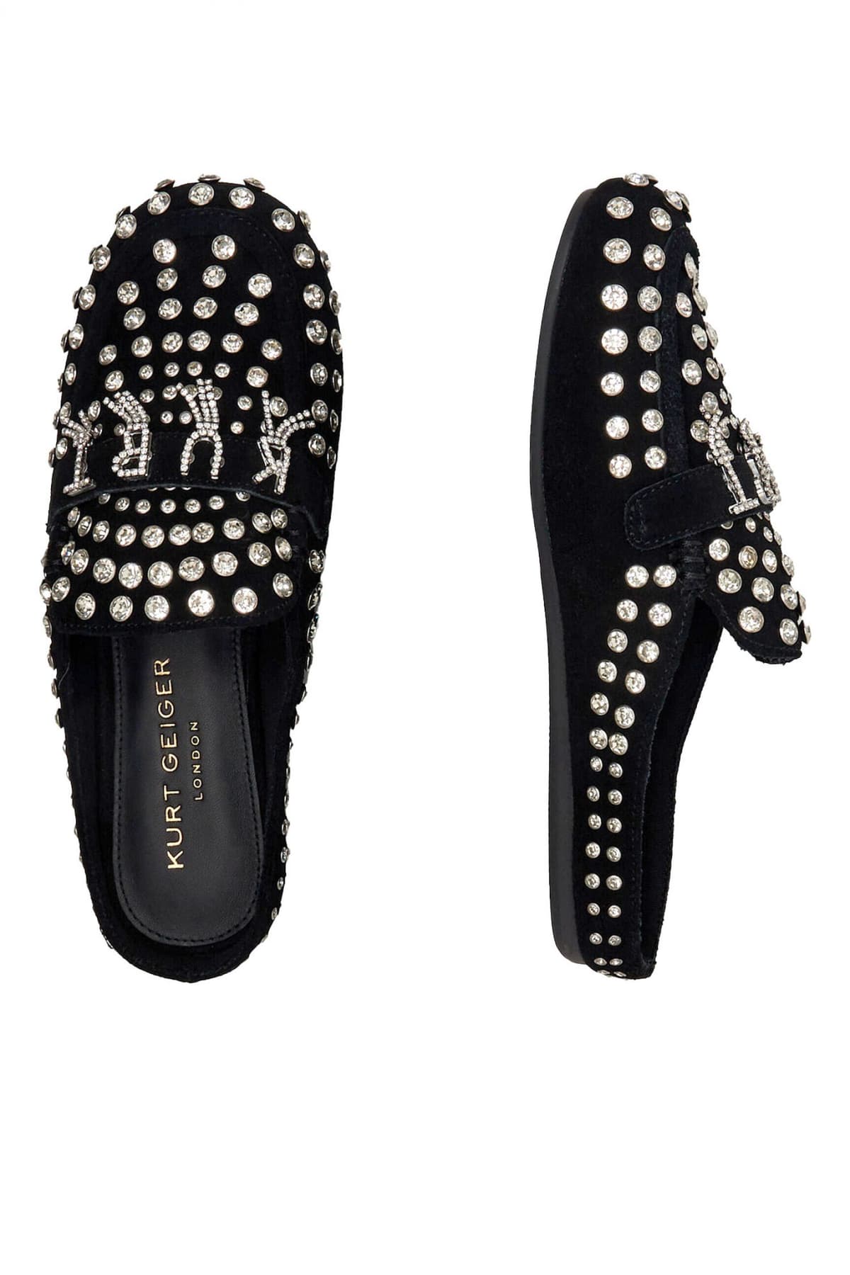 KURT GEIGER ΠΑΠΟΥΤΣΙΑ MULES KURT CRYSTAL SLIPPER ΣΟΥΕΤ ΣΤΡΑΣ LOGO ΜΑΥΡΟ