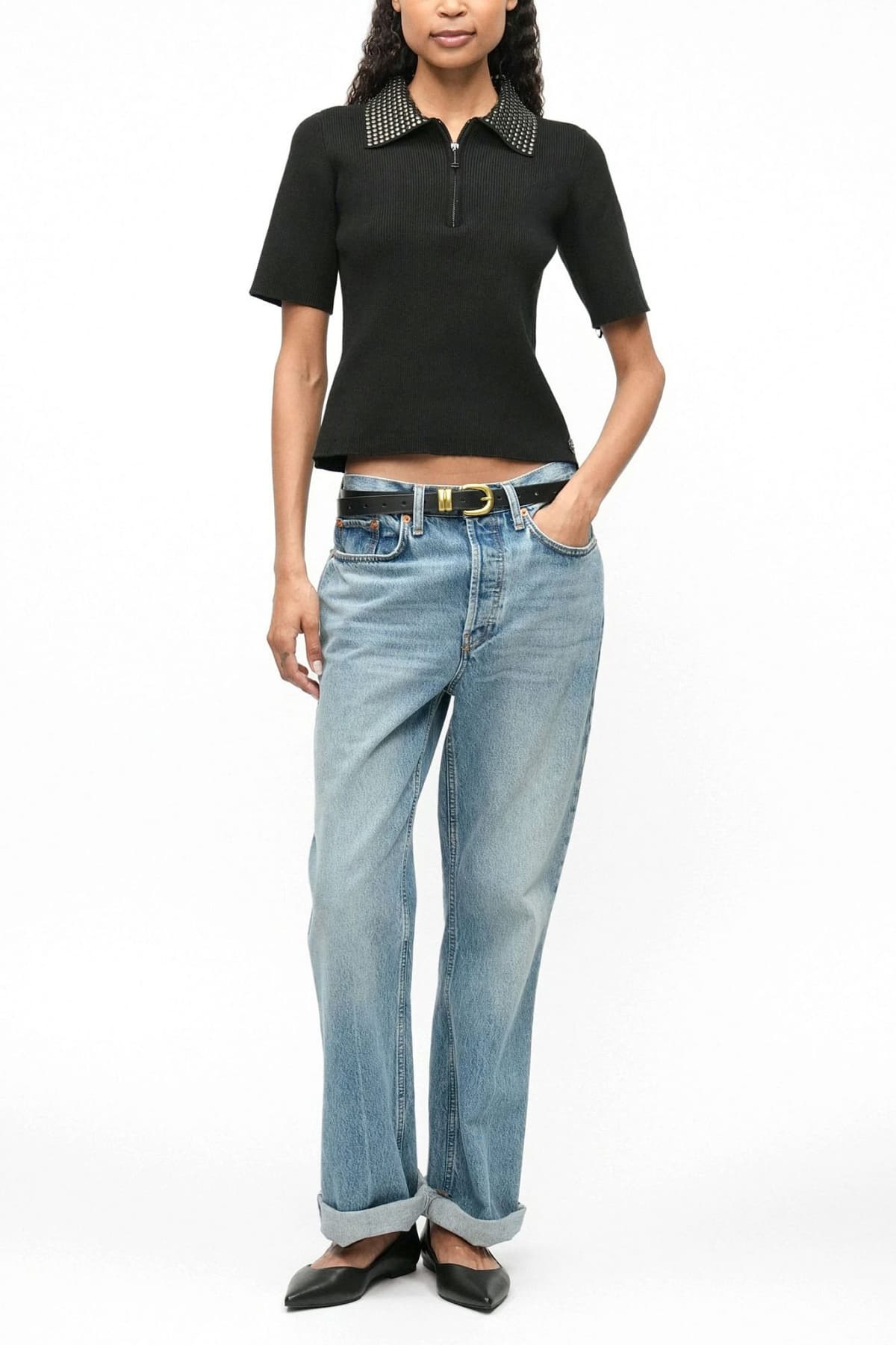 KARL LAGERFELD POLO ΠΛΕΚΤΟ STUD DETAIL COLLAR HALFZIP ΤΡΟΥΚΣ LOGO ΜΕΤΑΛΛΙΚΟ ΜΑΥΡΟ