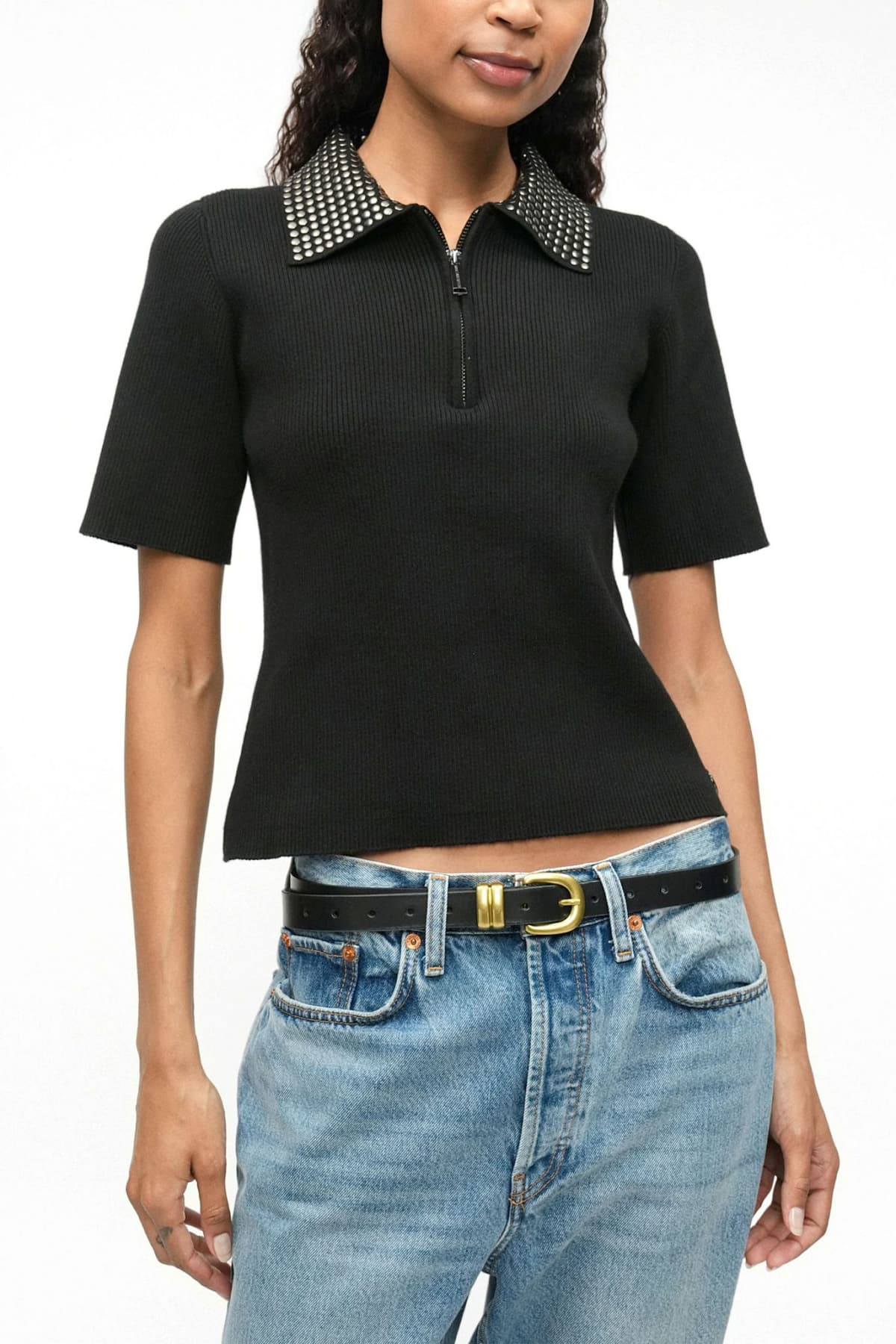 KARL LAGERFELD POLO ΠΛΕΚΤΟ STUD DETAIL COLLAR HALFZIP ΤΡΟΥΚΣ LOGO ΜΕΤΑΛΛΙΚΟ ΜΑΥΡΟ