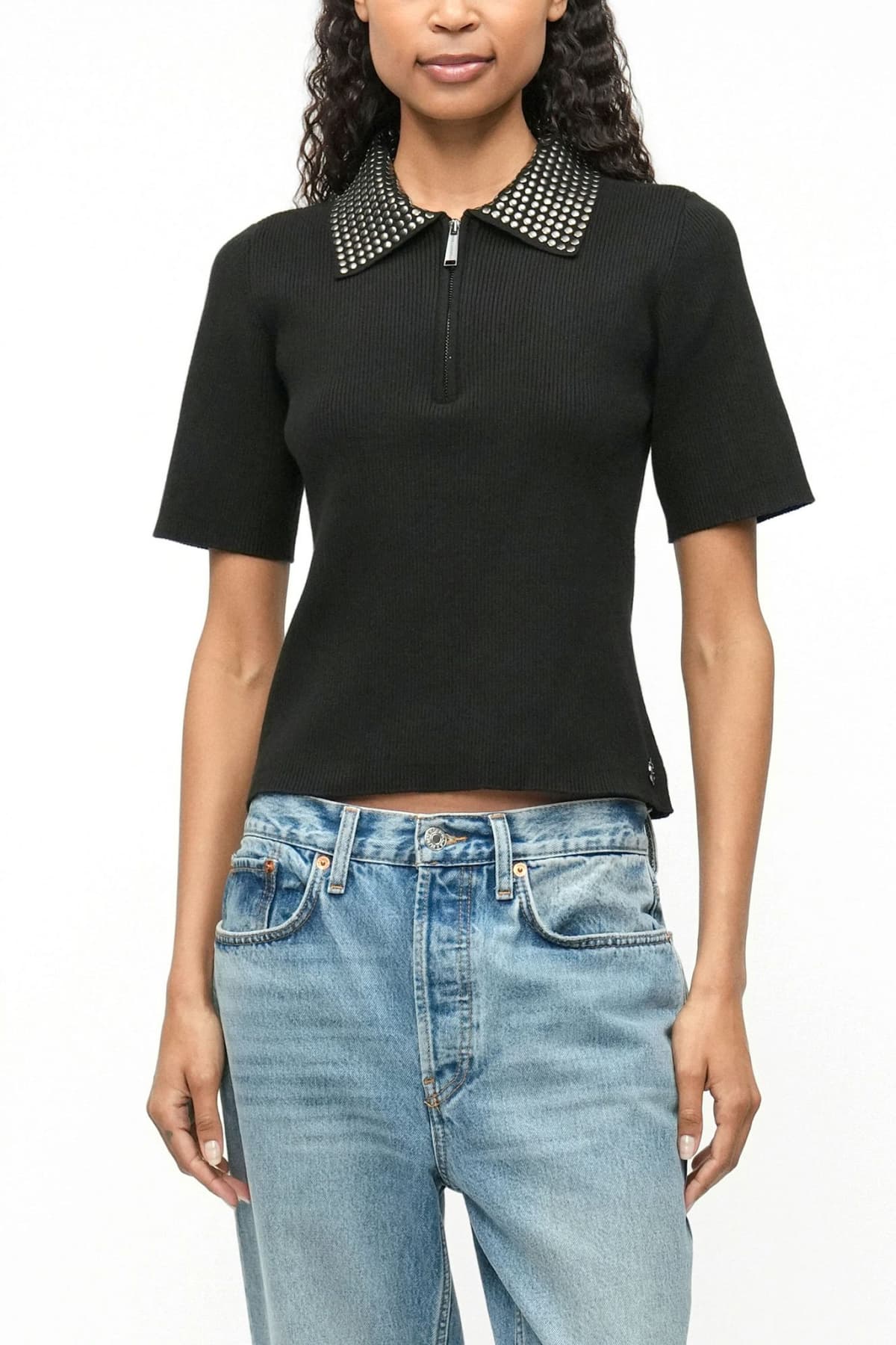 KARL LAGERFELD POLO ΠΛΕΚΤΟ STUD DETAIL COLLAR HALFZIP ΤΡΟΥΚΣ LOGO ΜΕΤΑΛΛΙΚΟ ΜΑΥΡΟ