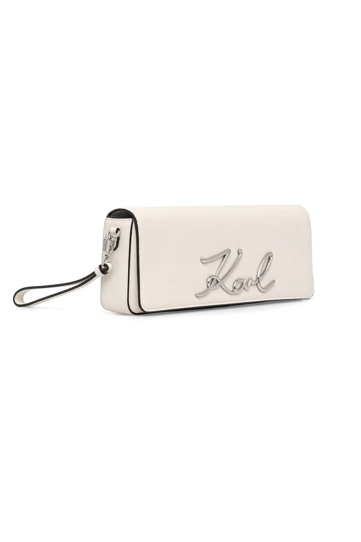 KARL LAGERFELD ΤΣΑΝΤΑ ΦΑΚΕΛΟΣ ΔΕΡΜΑ K/SIGNATURE 2.0 SLIM CLUTCH LOGO ΜΕΤΑΛΛΙΚΟ ΕΚΡΟΥ