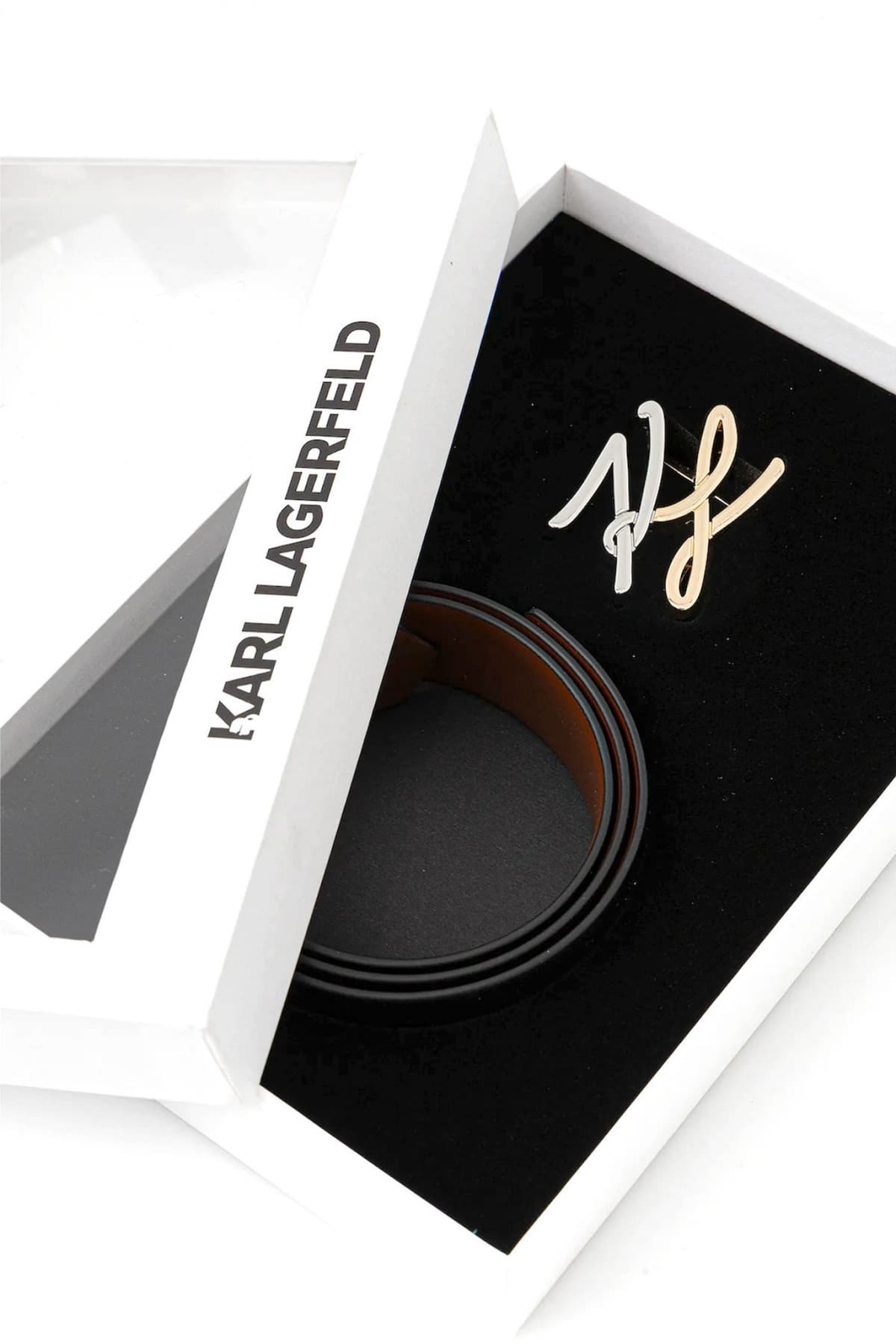 KARL LAGERFELD ΖΩΝΗ ΔΕΡΜΑ REVERSIBLE K/AUTOGRAPH RV G/S H3 BELT GP LOGO ΜΕΤΑΛΛΙΚΟ ΜΑΥΡΟ-ΚΑΦΕ