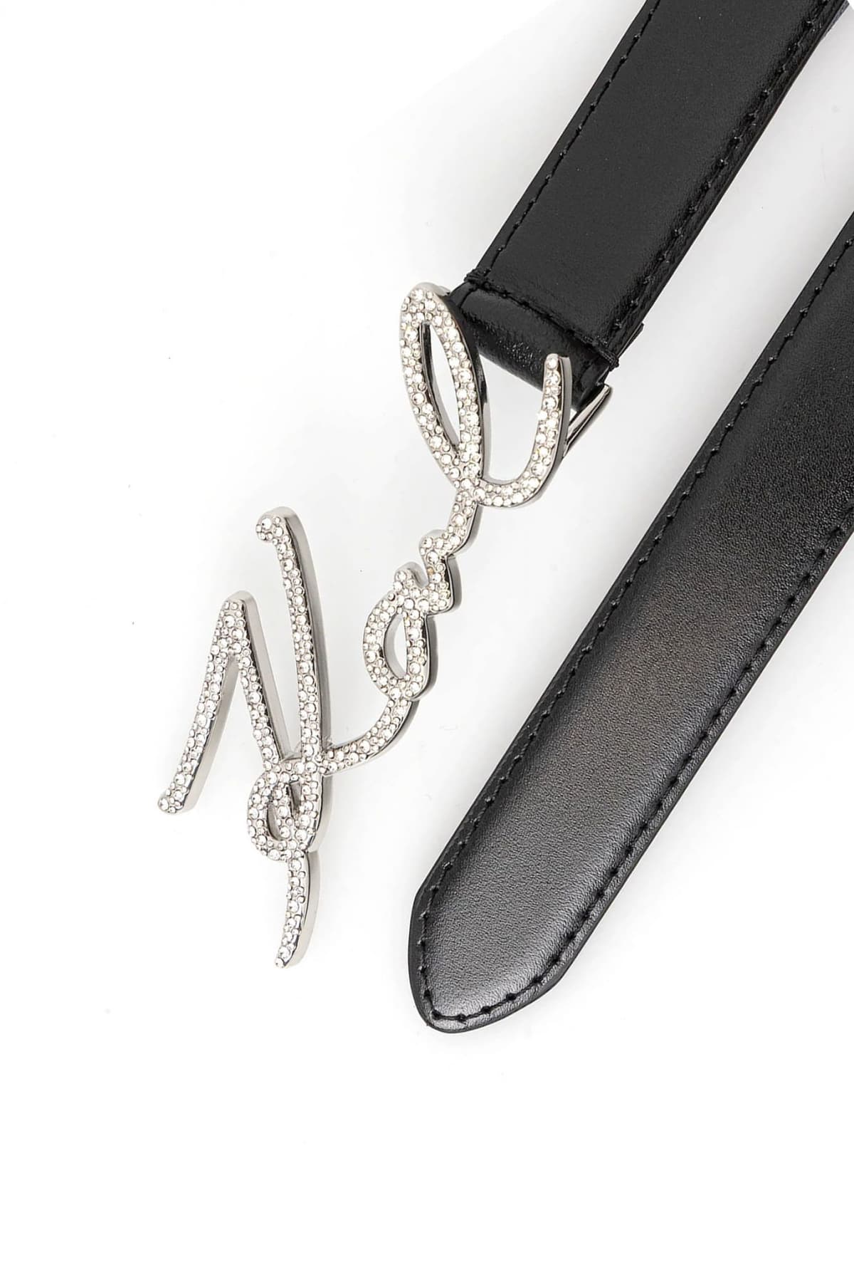 KARL LAGERFELD ΖΩΝΗ ΔΕΡΜΑ K/SIGNATURE CRYSTAL BELT H2.5 LOGO ΜΕΤΑΛΛΙΚΟ ΣΤΡΑΣ ΜΑΥΡΟ
