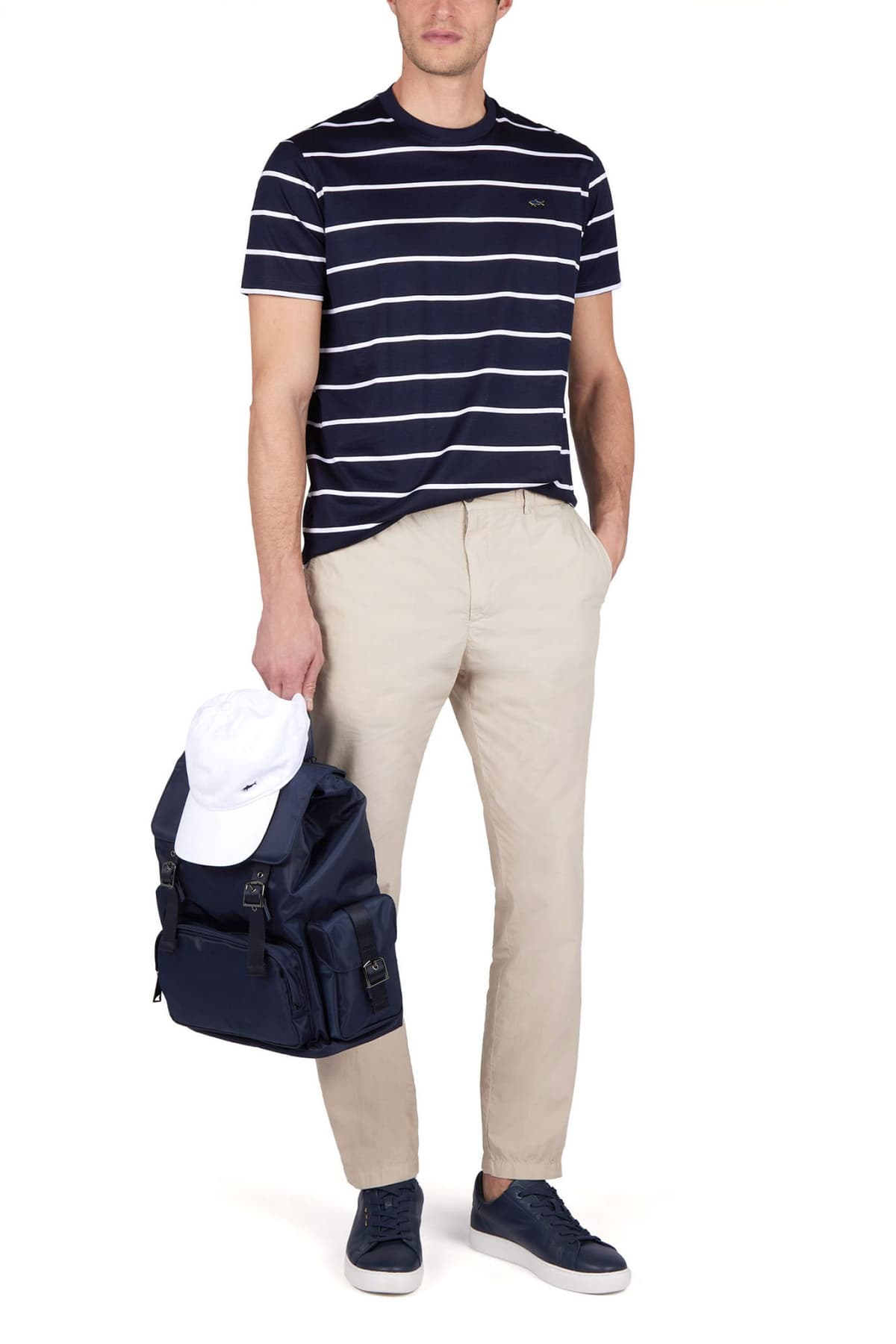 PAUL&SHARK T-SHIRT CREW NECK ΡΙΓΕ METALLIC LOGO ΜΠΛΕ-ΛΕΥΚΟ