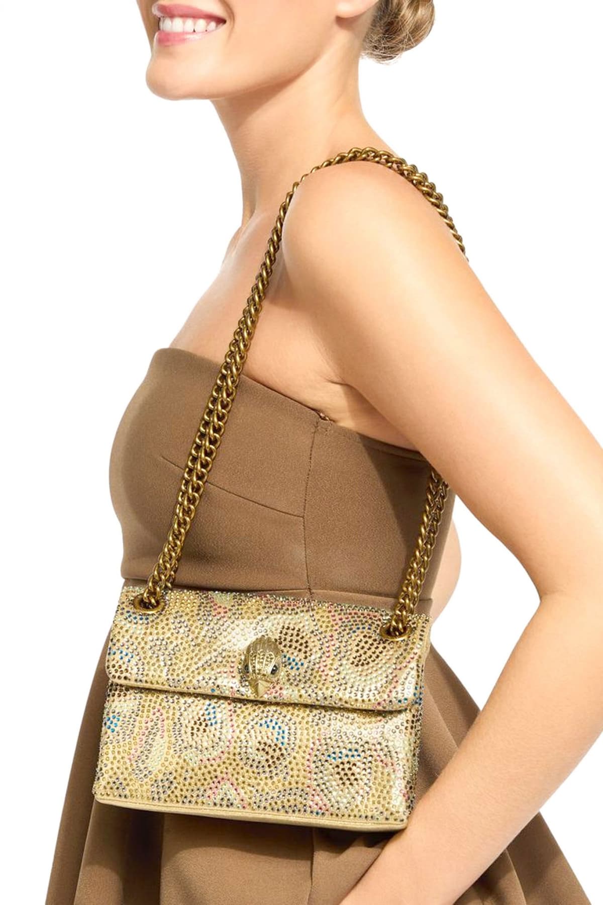 KURT GEIGER TΣΑΝΤΑKI CROSSBODY/ΩΜΟΥ FABRIC MΙΝΙ KENSINGTON ΠΟΛΥΧΡΩΜΑ ΣΤΡΑΣ ΑΛΥΣΙΔΑ LOGO ΧΡΥΣΟ